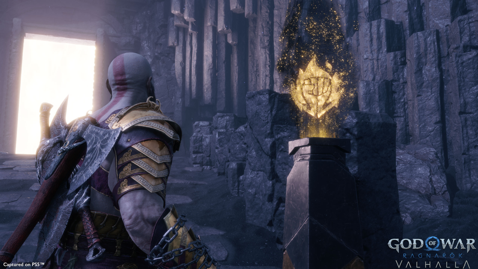 Kratos standing next to a mystical Nordic artifact in God of War: Ragnarök HD desktop wallpaper and background.