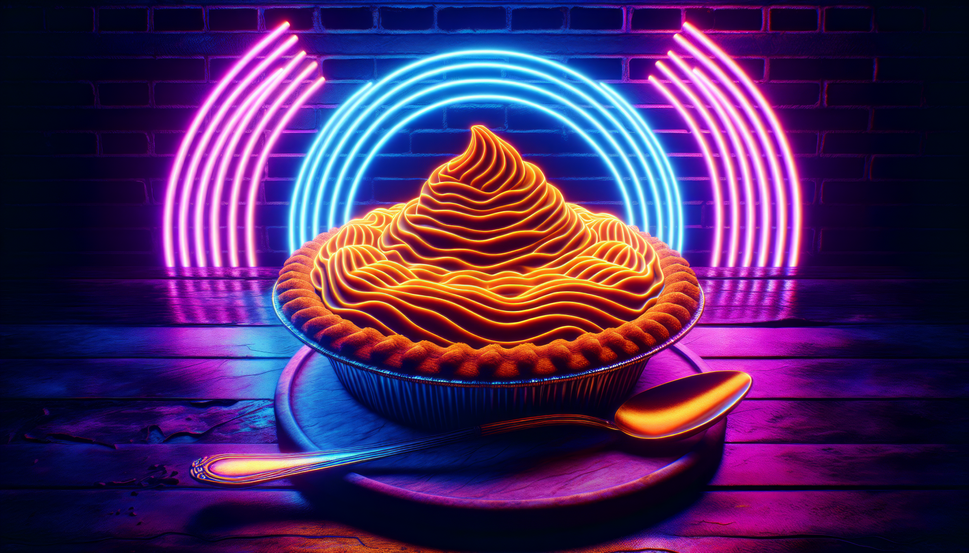 HD wallpaper of a stylized sweet potato pie on a plate with vibrant neon lighting for a desktop background.