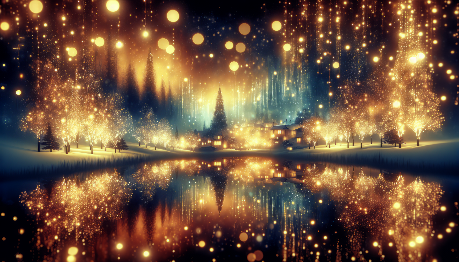 Holiday lights reflecting on water with a warm glow, forest background, HD desktop wallpaper.