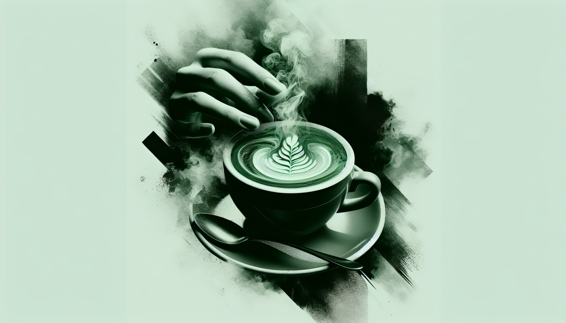 Artistic HD desktop wallpaper featuring a stylized green tea latte with a latte art design, set against a creative abstract background.
