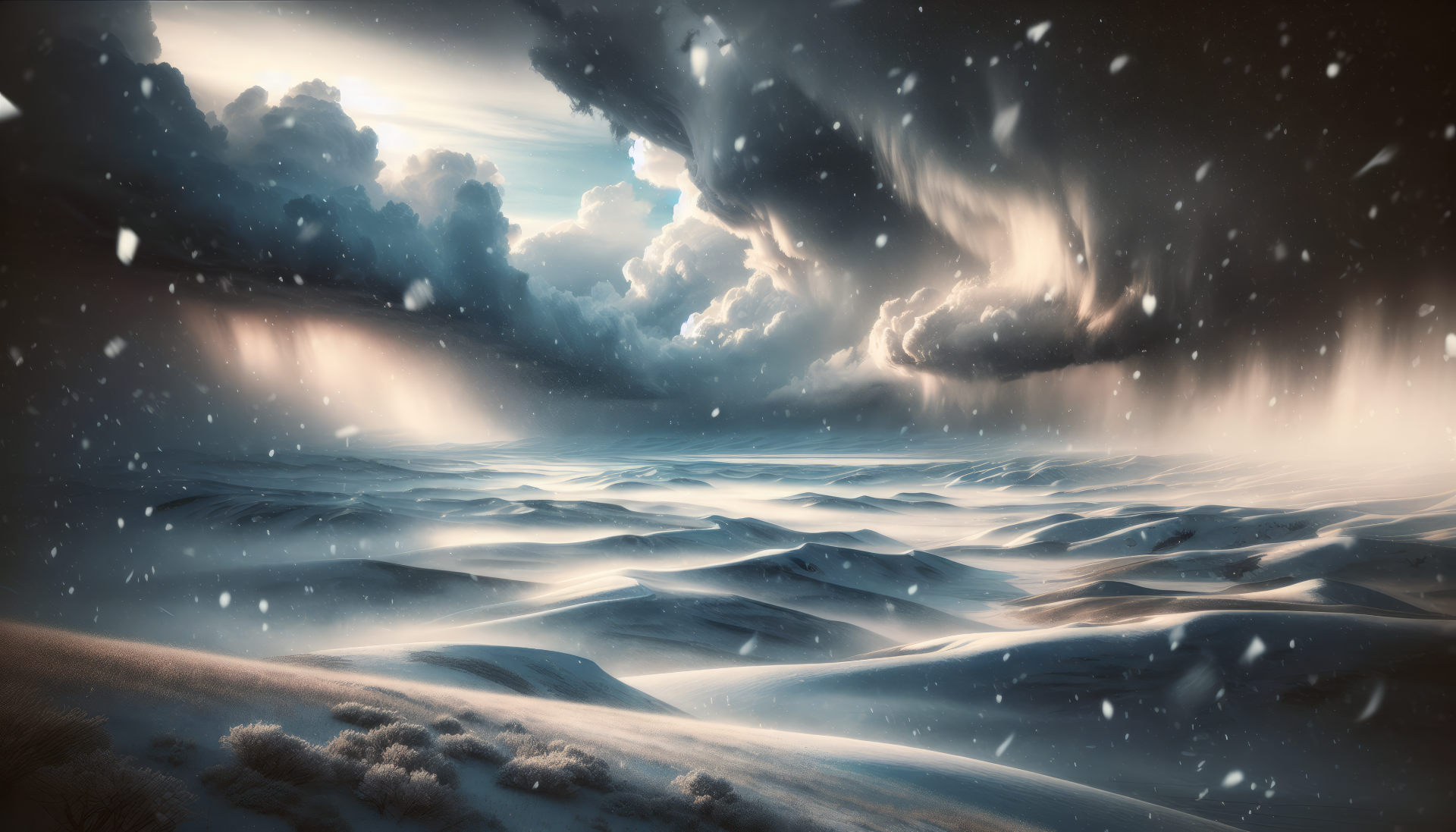 HD wallpaper of a dramatic snowstorm with snowflakes descending over serene snow-covered dunes under a tumultuous sky.