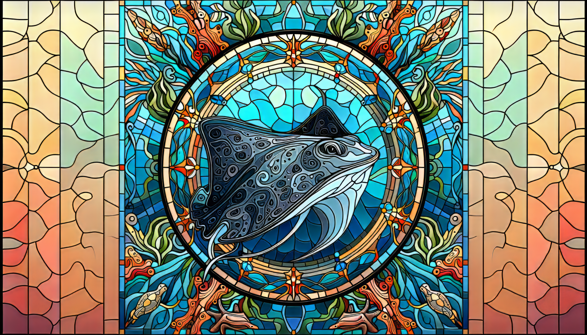 HD wallpaper featuring a vibrantly colored stained glass art design of a stingray enclosed in a circular frame, set against a mosaic background.