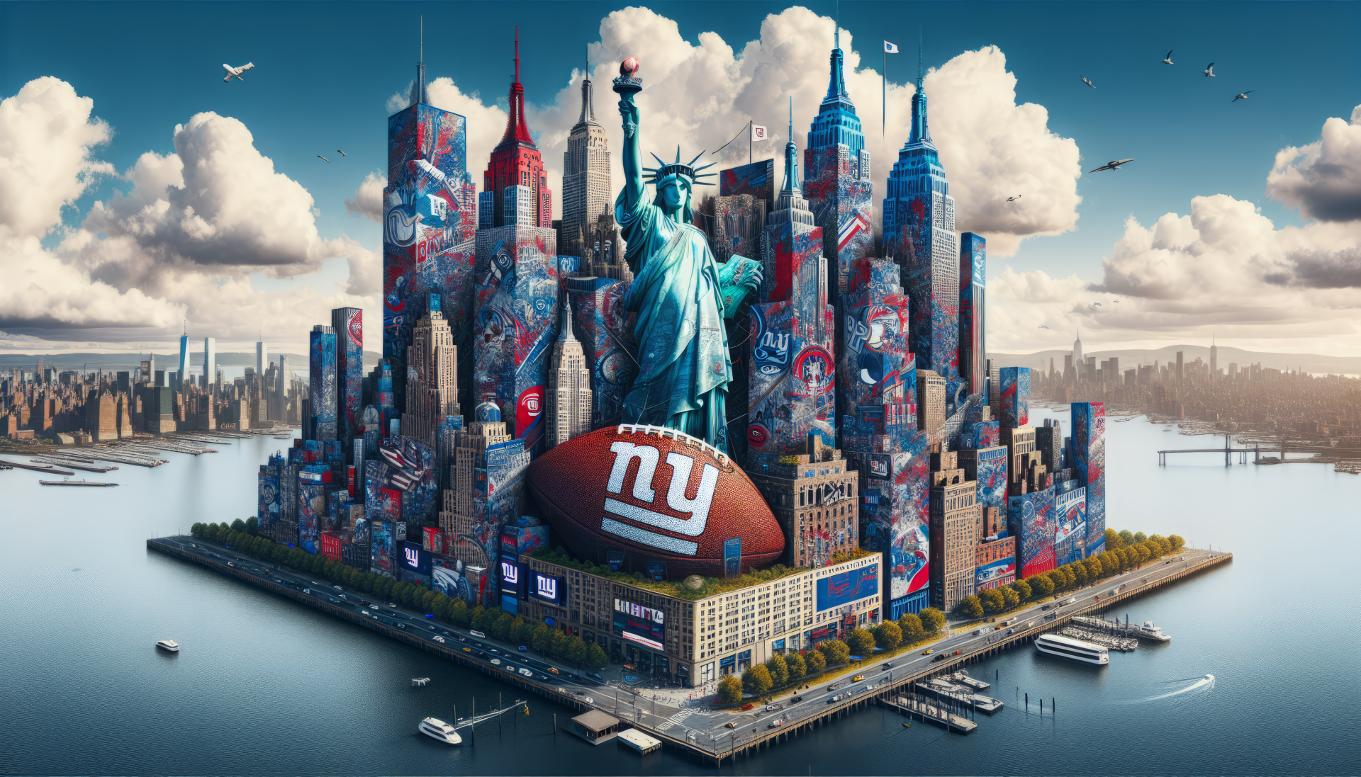 New York Giants themed HD desktop wallpaper featuring a creative illustration of New York City with the Statue of Liberty and a giant football.