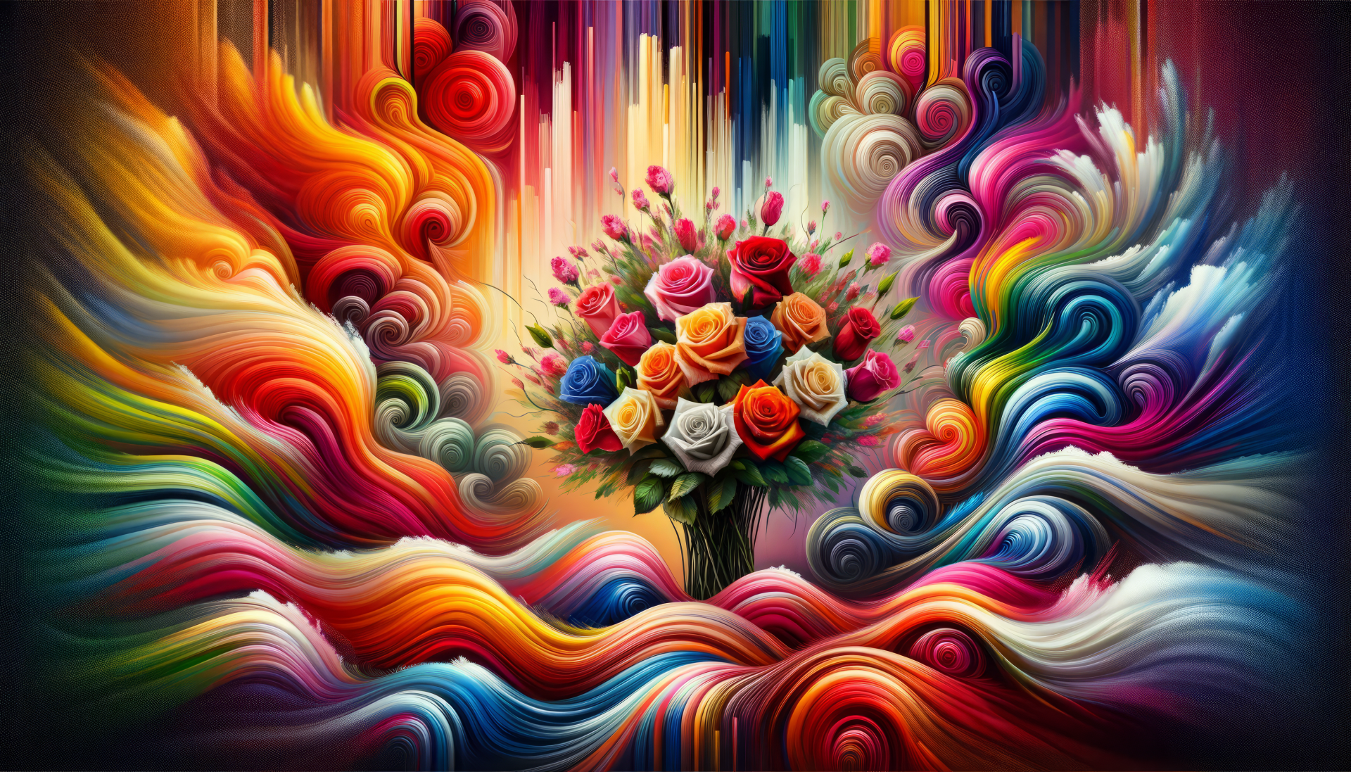 Colorful abstract HD wallpaper featuring a vibrant bouquet of roses with swirling patterns.