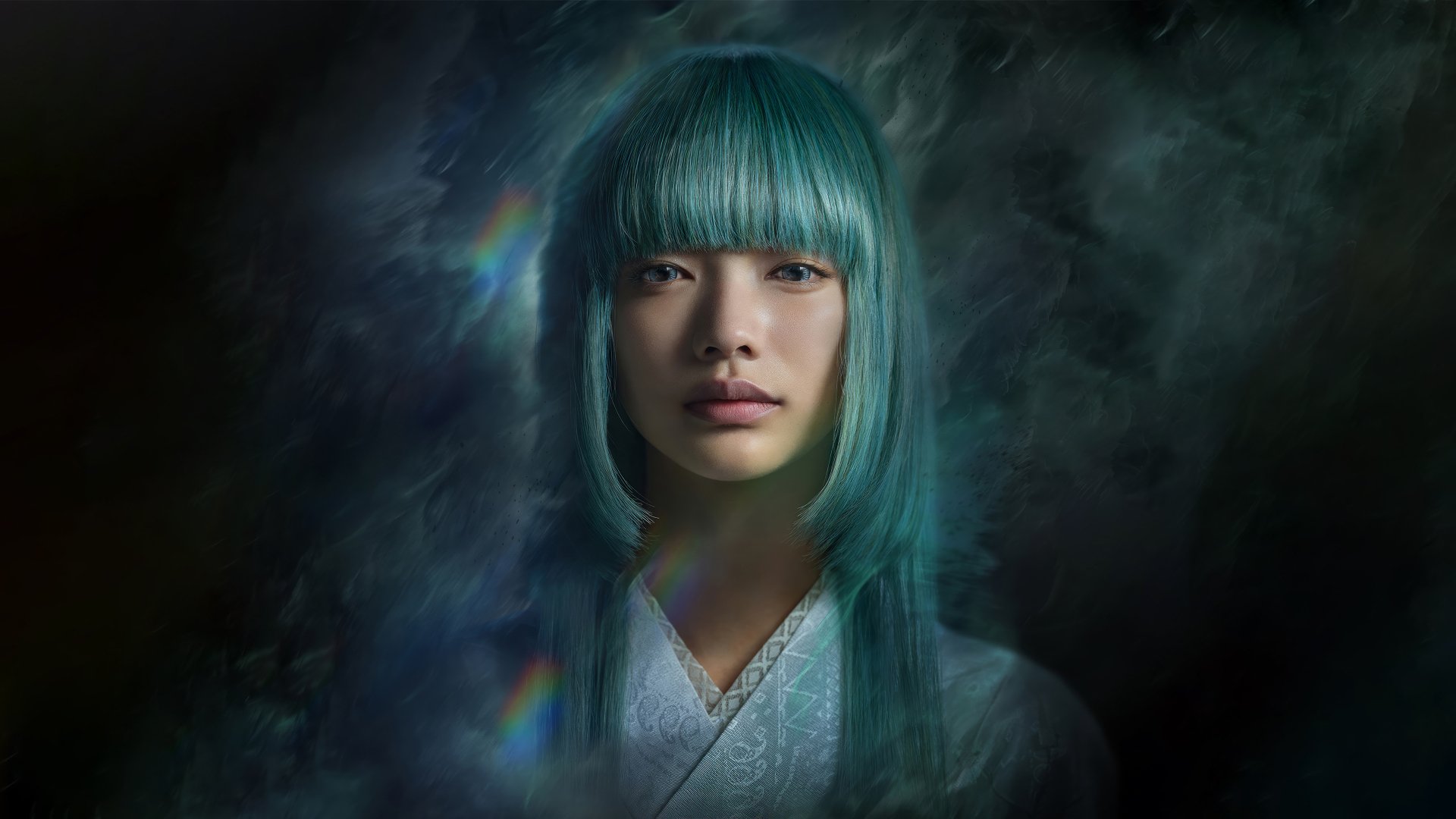 HD wallpaper of a mystical character with teal hair from the Yu Yu Hakusho 2023 TV show, set against a dark, smokey background with a rainbow prism effect.