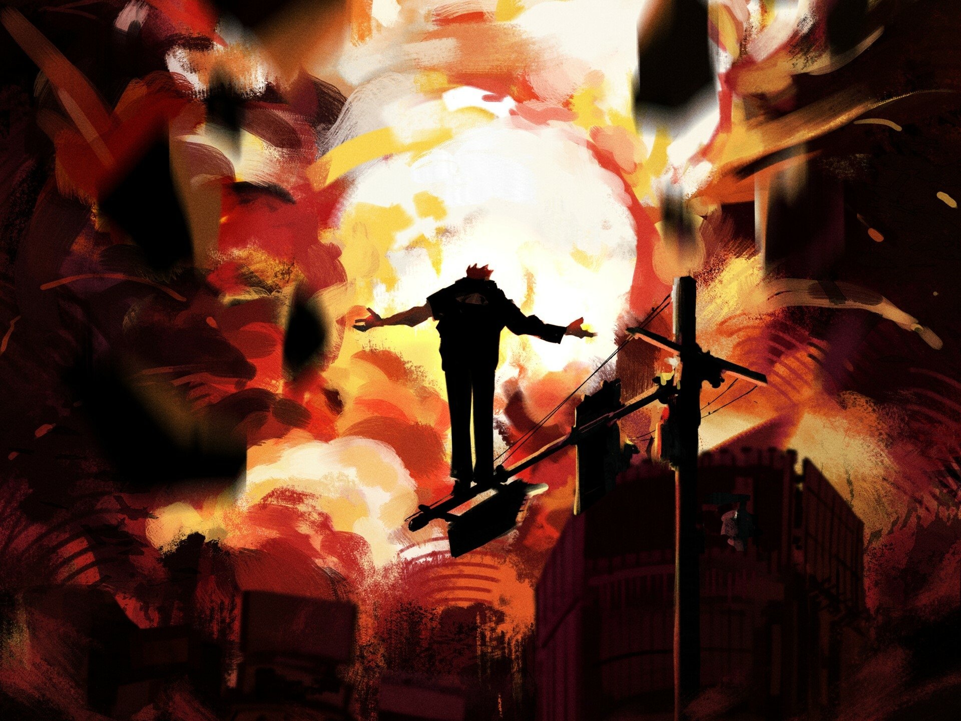 HD anime desktop wallpaper featuring Sukuna from Jujutsu Kaisen standing with arms outstretched against a fiery, apocalyptic city background.