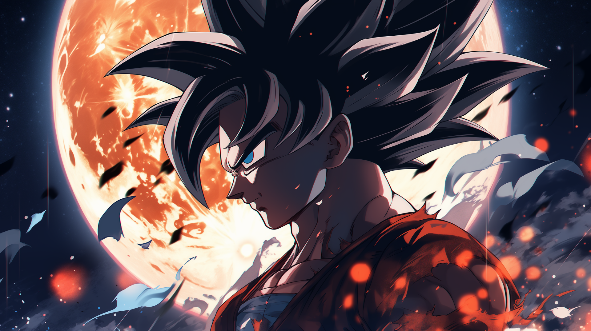 HD Anime Dragon Ball Z Wallpaper featuring Goku with a fiery aura against a backdrop of a glowing planet.