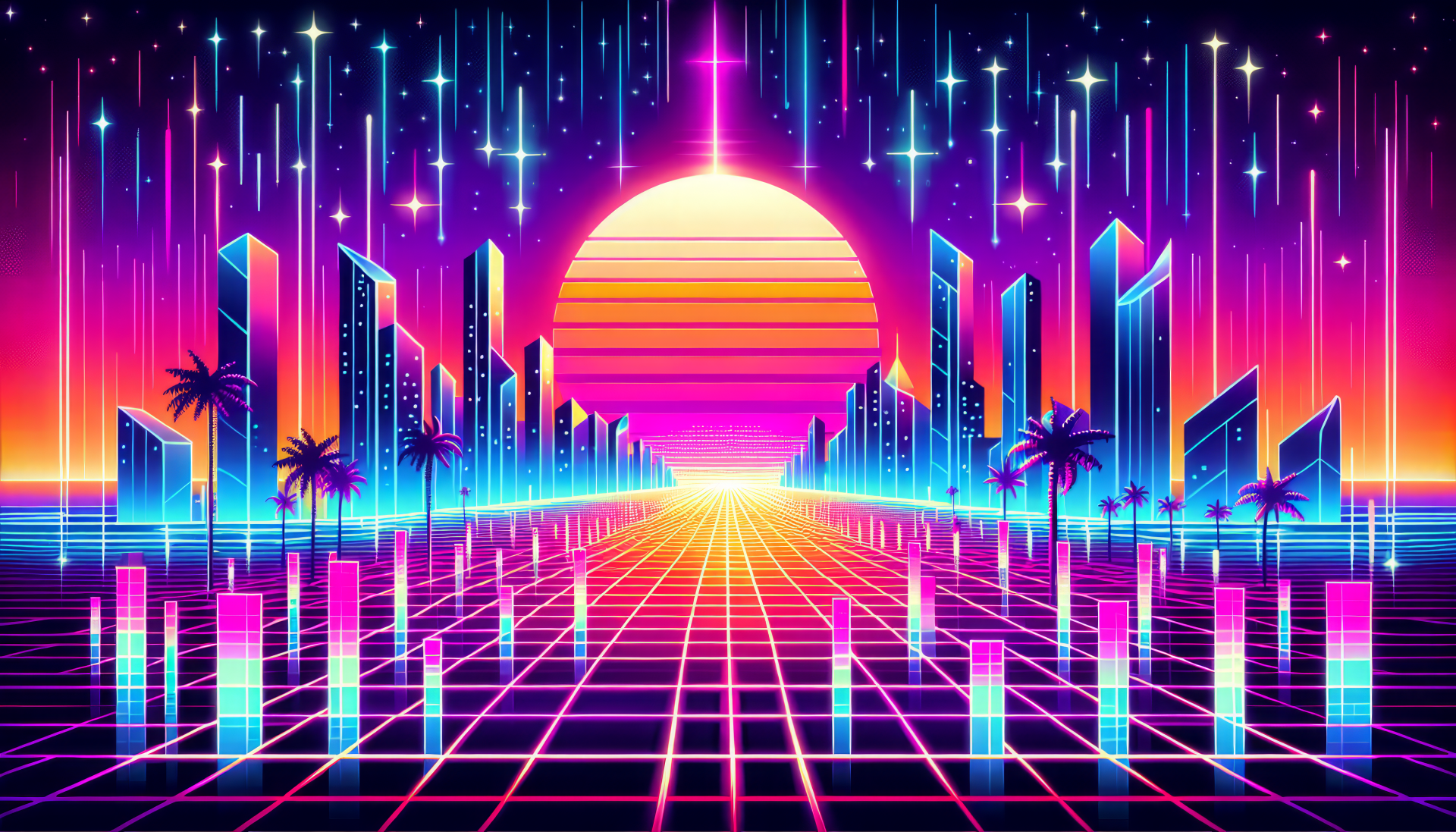 HD retro-futuristic cityscape desktop wallpaper with neon colors and sun setting in the background.