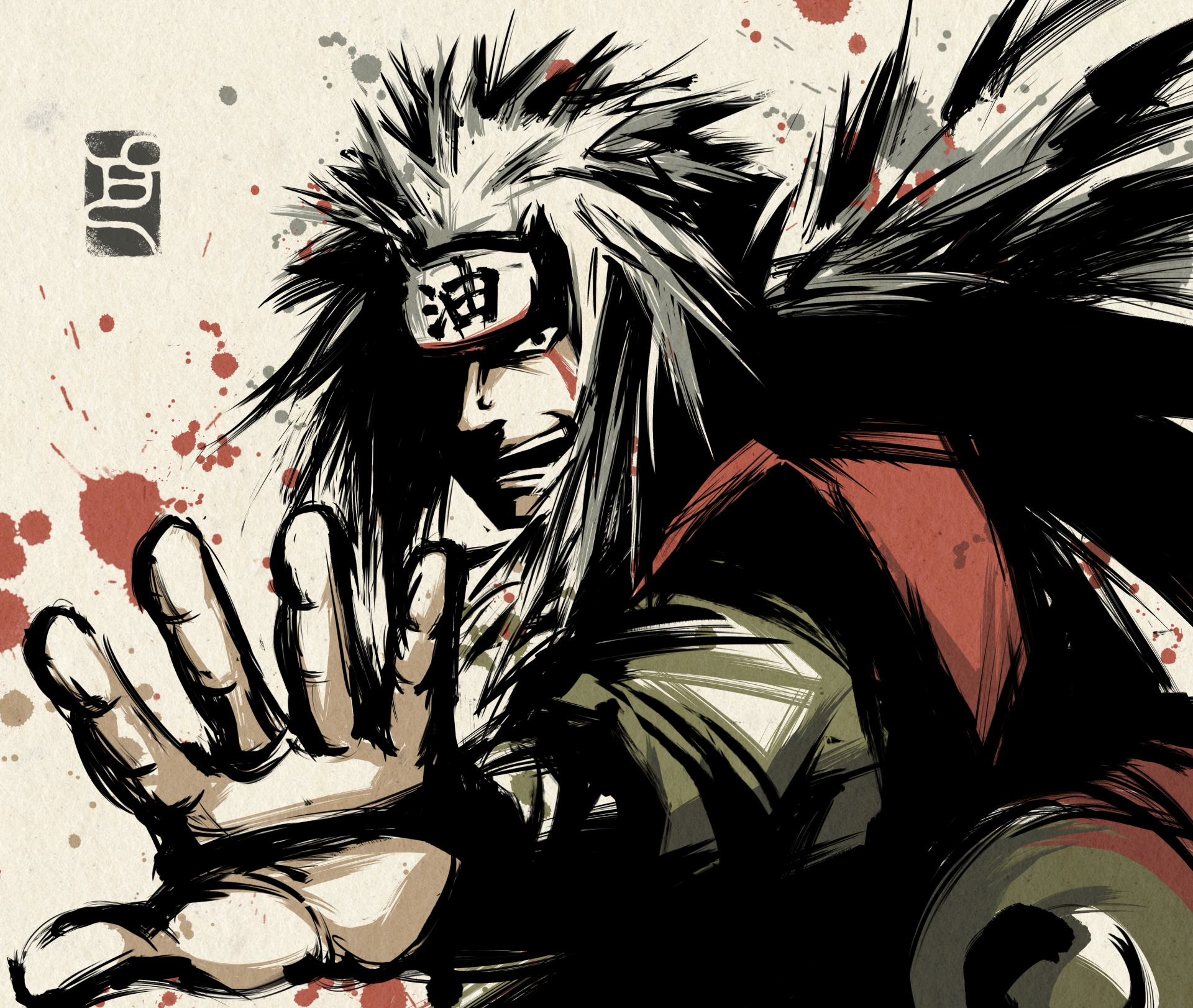 Stylized 4K Ultra HD anime wallpaper featuring Jiraiya from Naruto in dynamic pose with bold brush strokes and red splatters on a textured background.