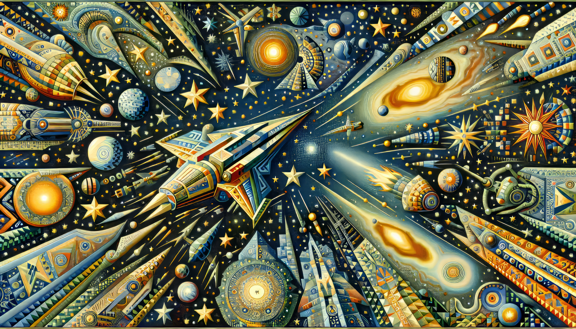 Vibrant HD desktop wallpaper featuring an artistic rendition of space travel with a spaceship and celestial bodies in cosmic scenery.