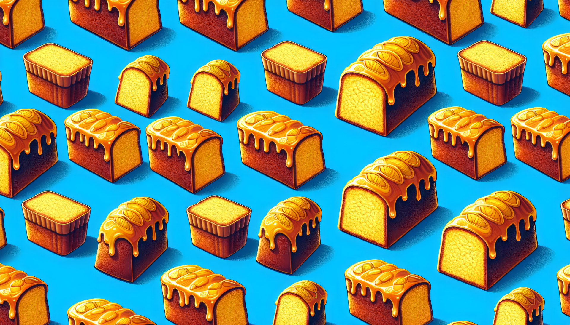 A vibrant HD desktop wallpaper featuring an array of illustrated pound cakes with a bright blue background, showcasing various shapes and designs of the sweet treat.
