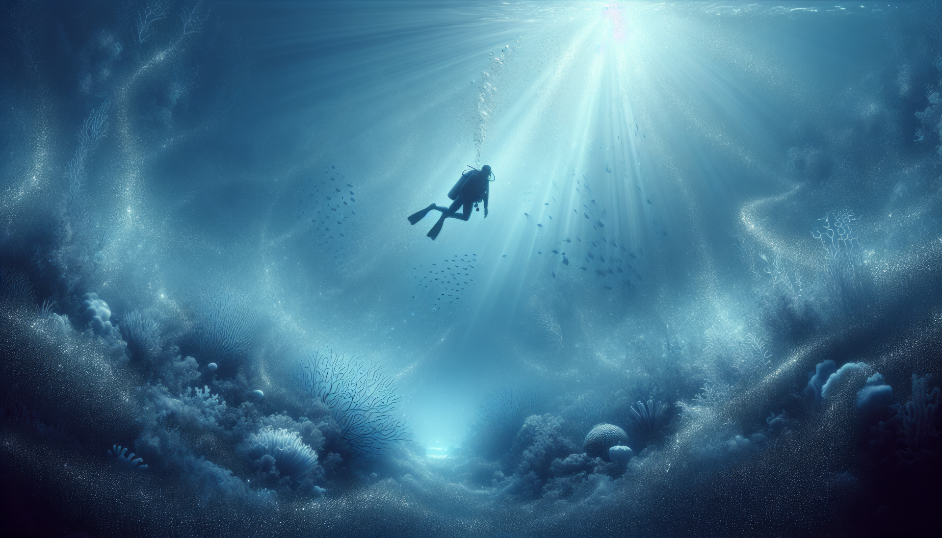 Scuba diver silhouette against sunlight penetrating the ocean in a high-definition underwater desktop wallpaper.
