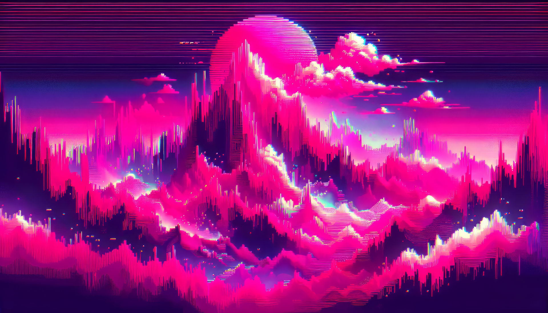 A vibrant hot pink HD desktop wallpaper featuring surreal mountains and clouds under a bold pink sun, creating a dynamic and striking visual atmosphere.