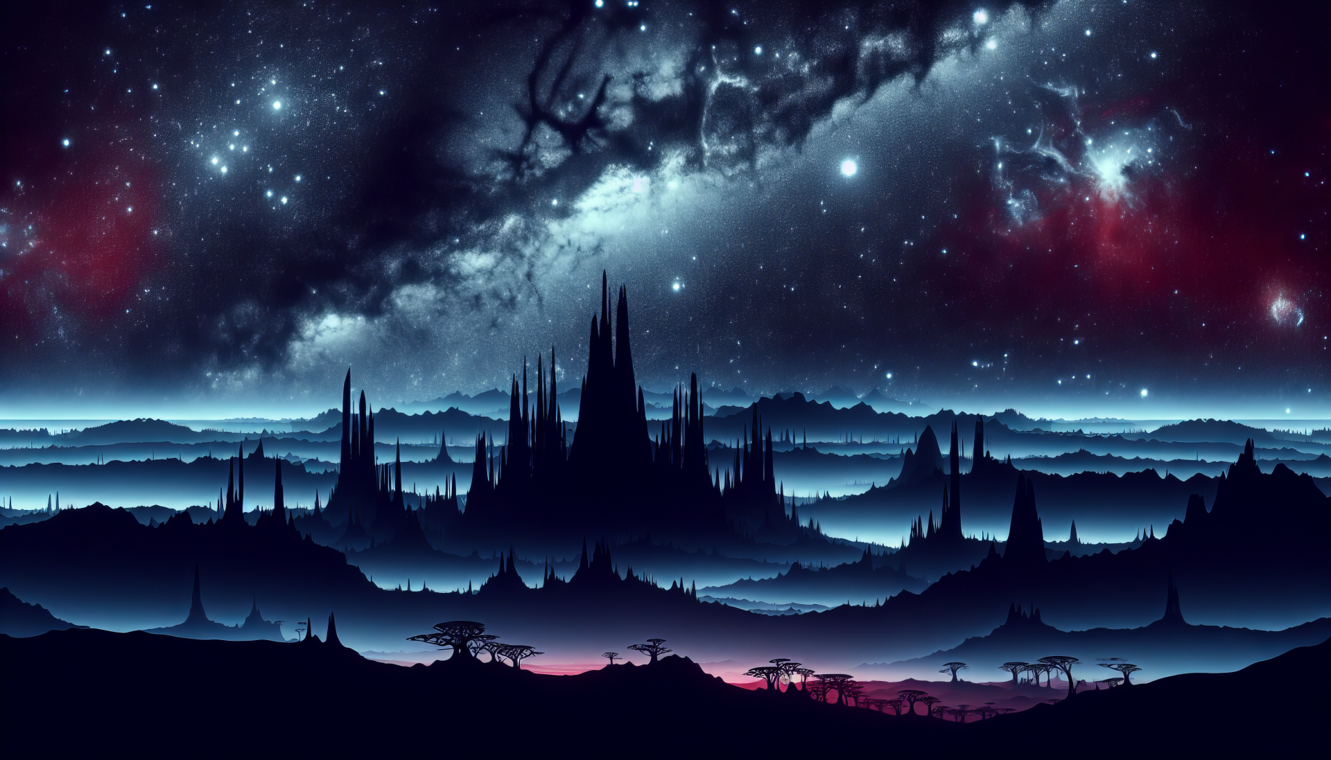 HD wallpaper featuring a fantasy landscape with silhouetted spires against a starry night sky with nebulae.