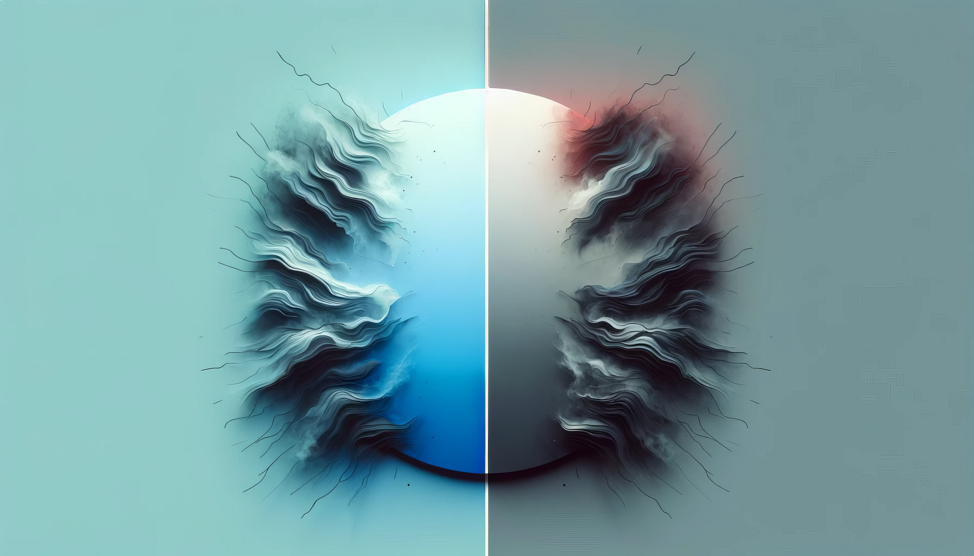 High-definition desktop wallpaper featuring an abstract illustration of a mind under stress with a dual-tone color split and wavy patterns.