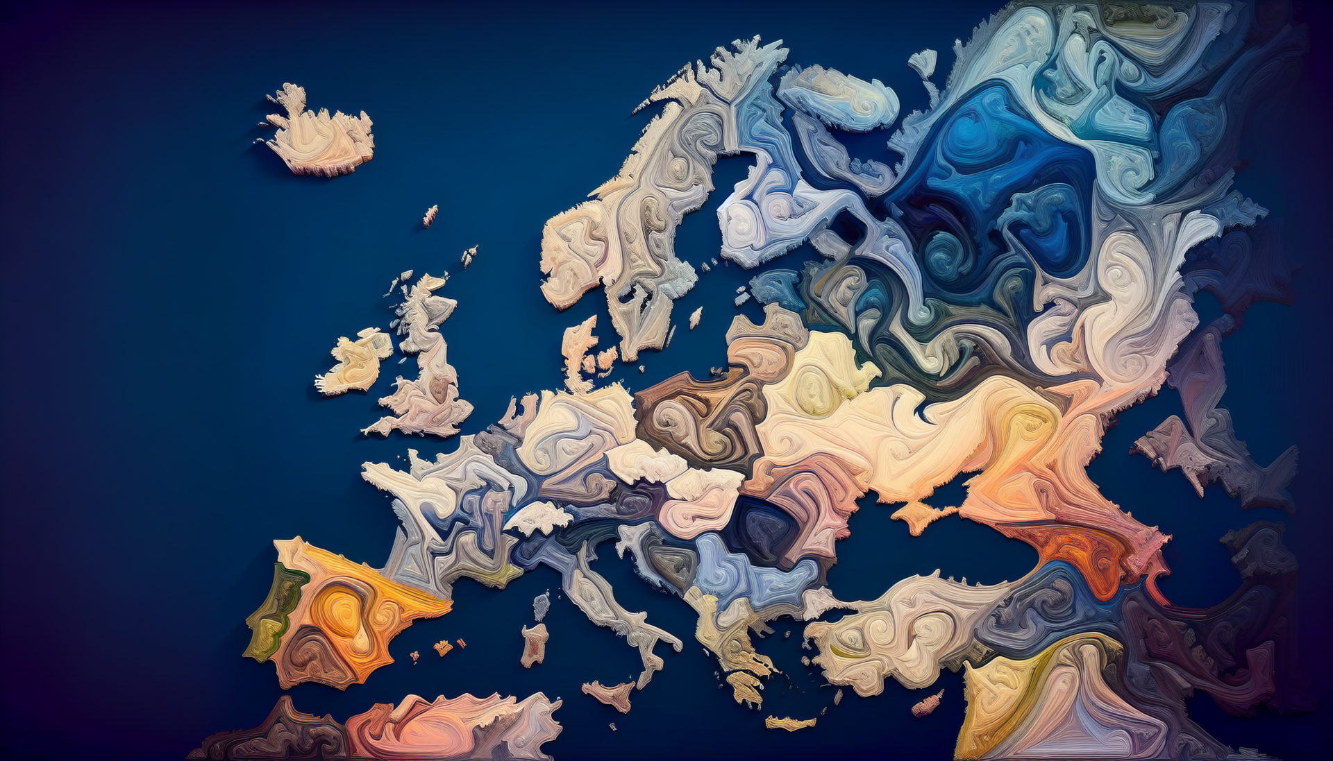 A vibrant, abstract HD wallpaper featuring a creatively designed map of Europe, showcasing swirling colors and distinctive shapes against a deep blue background.