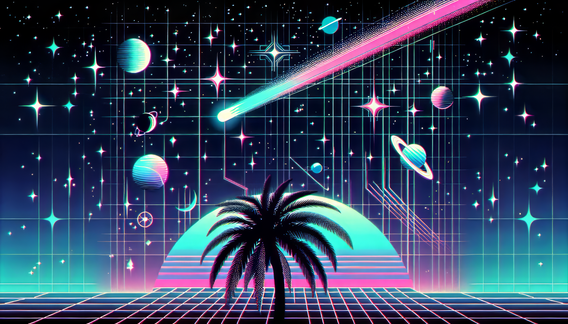 HD wallpaper with retro-futuristic space theme featuring neon palm tree, planets, and a shooting star on a grid background.