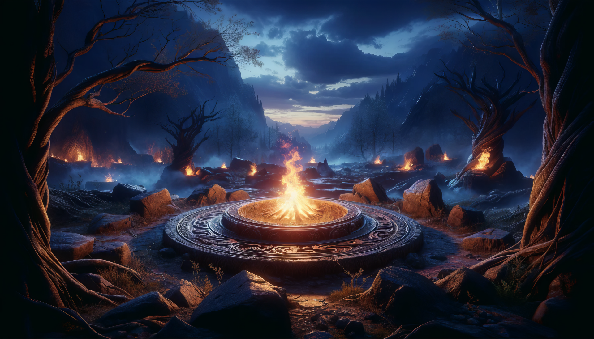 Mystical fire pit in a forest clearing HD wallpaper with glowing embers and twilight ambiance for desktop background.