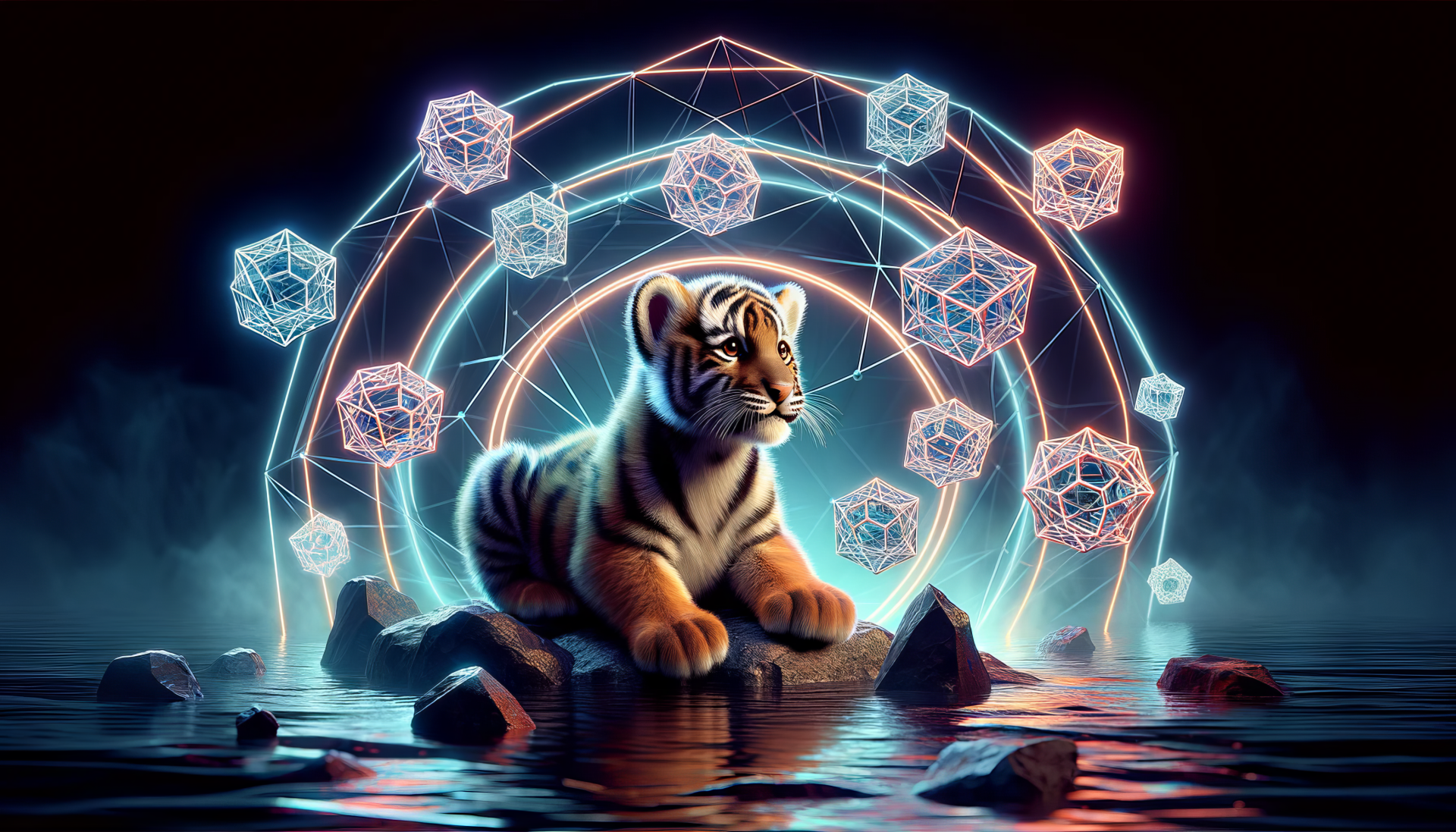 HD wallpaper of a tiger cub with mystical geometric patterns in the background.