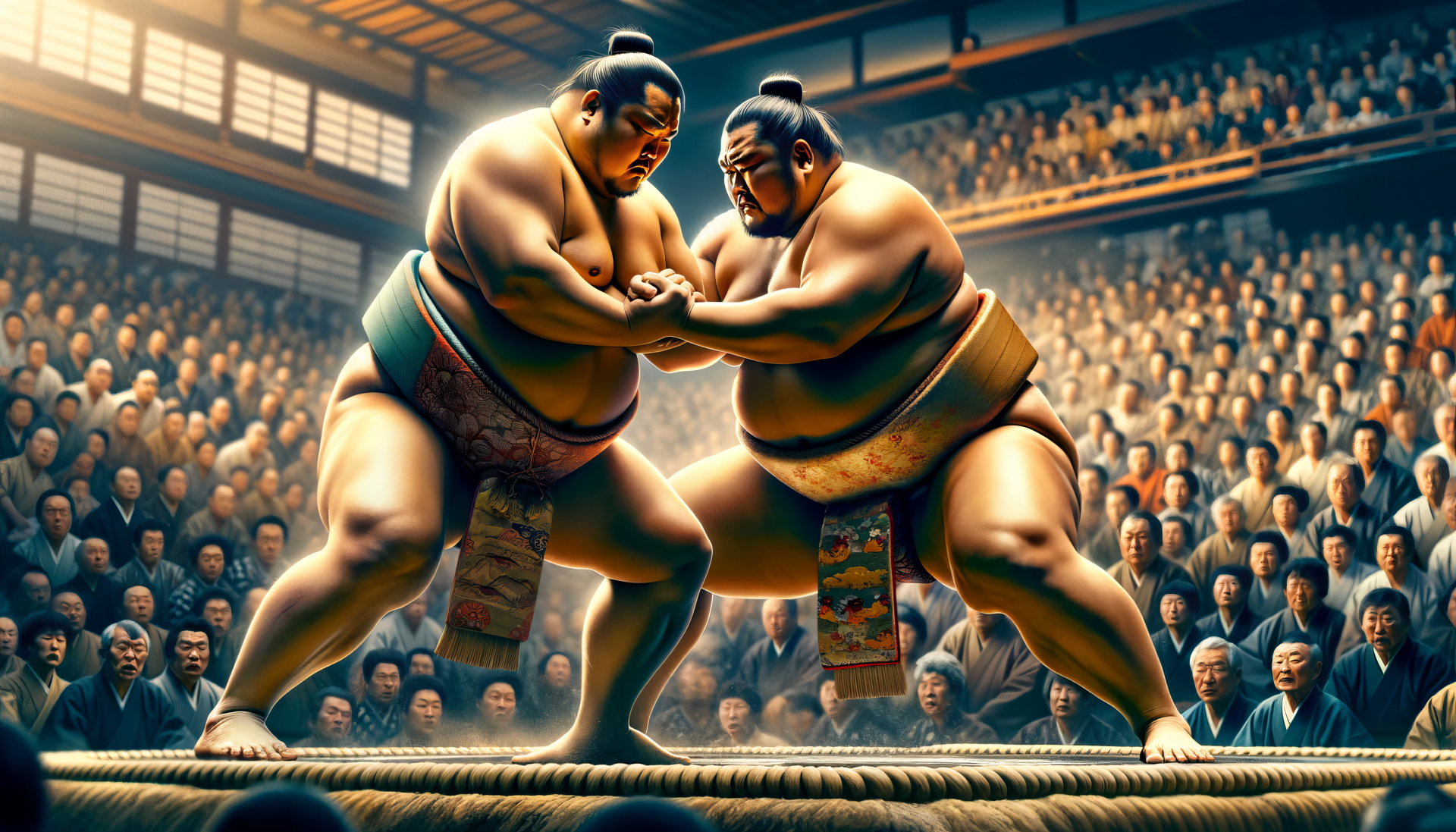 HD wallpaper of two sumo wrestlers in a bout inside a sumo ring, with an attentive audience in the background.