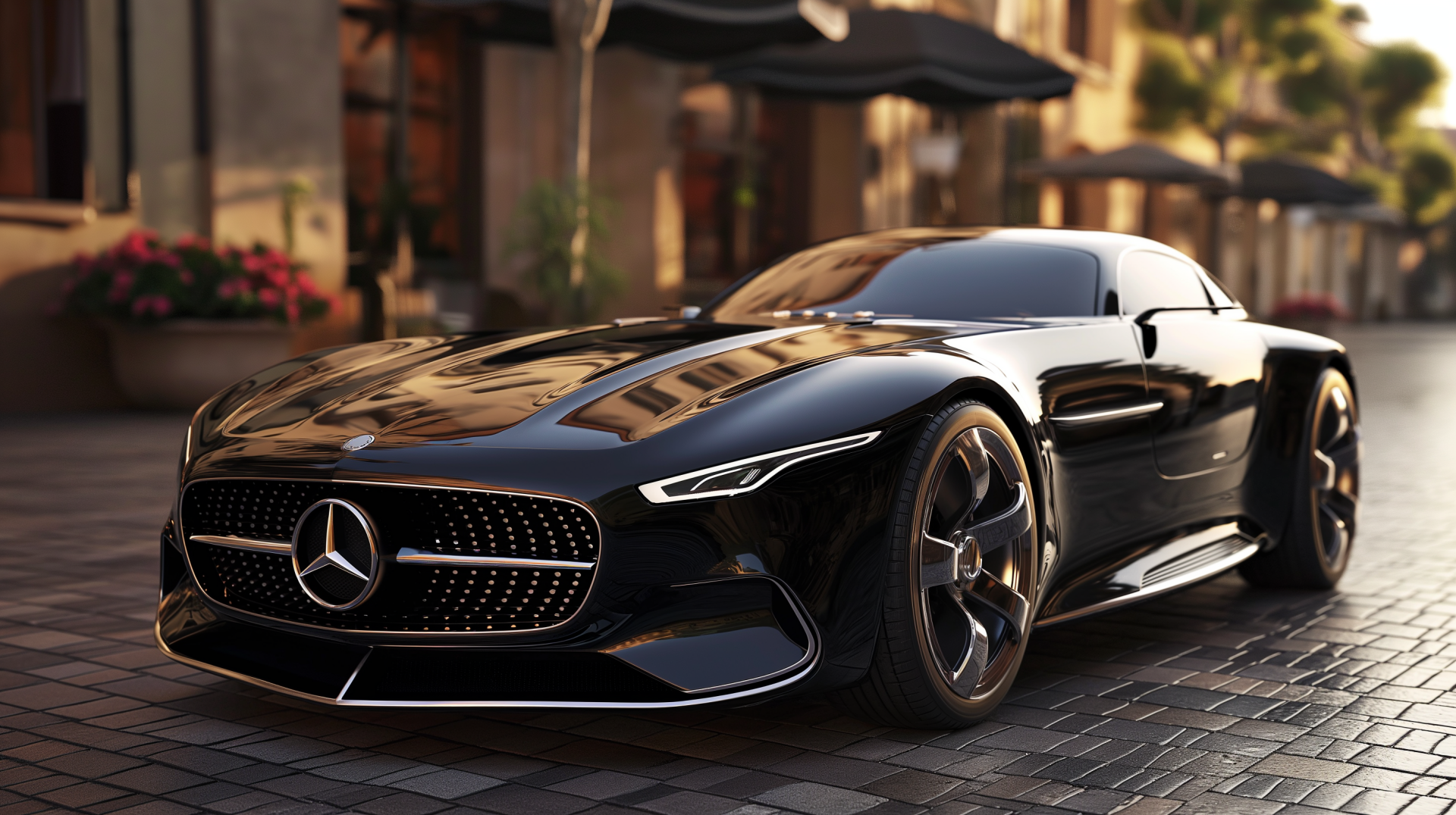 A sleek black Mercedes-Benz sports car showcased on a cobblestone street, with elegant architecture in the background, serving as a stunning HD desktop wallpaper.