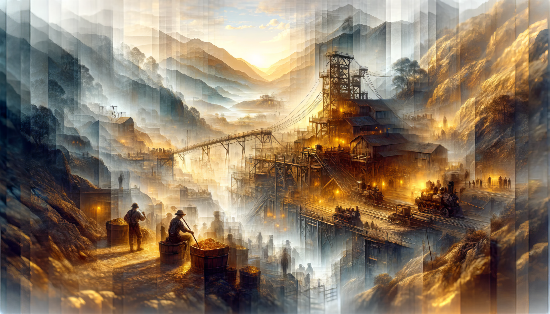 A stunning HD desktop wallpaper depicting a gold mining scene, featuring miners, a bustling camp, and a breathtaking mountain backdrop illuminated by a warm sunset glow.