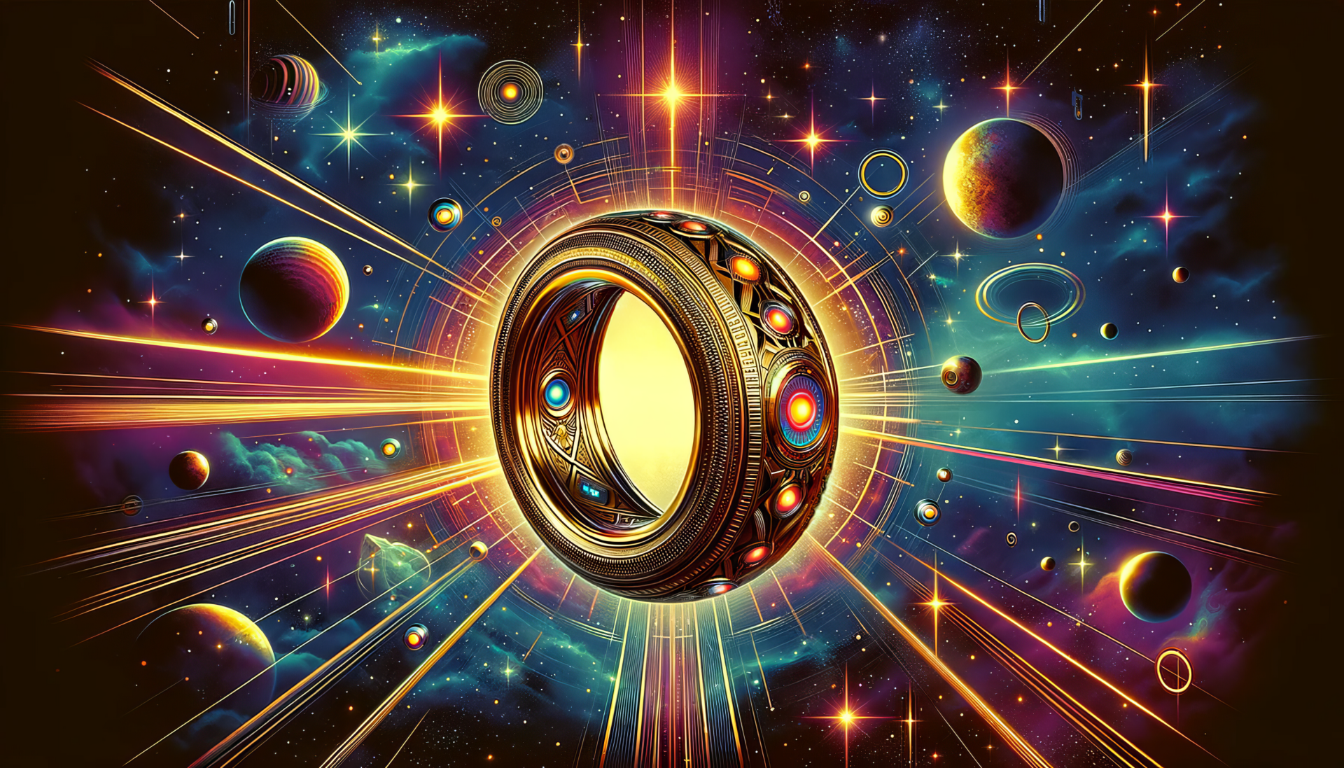 HD wallpaper of a mystical gold ring with cosmic background featuring vibrant planets and stars.