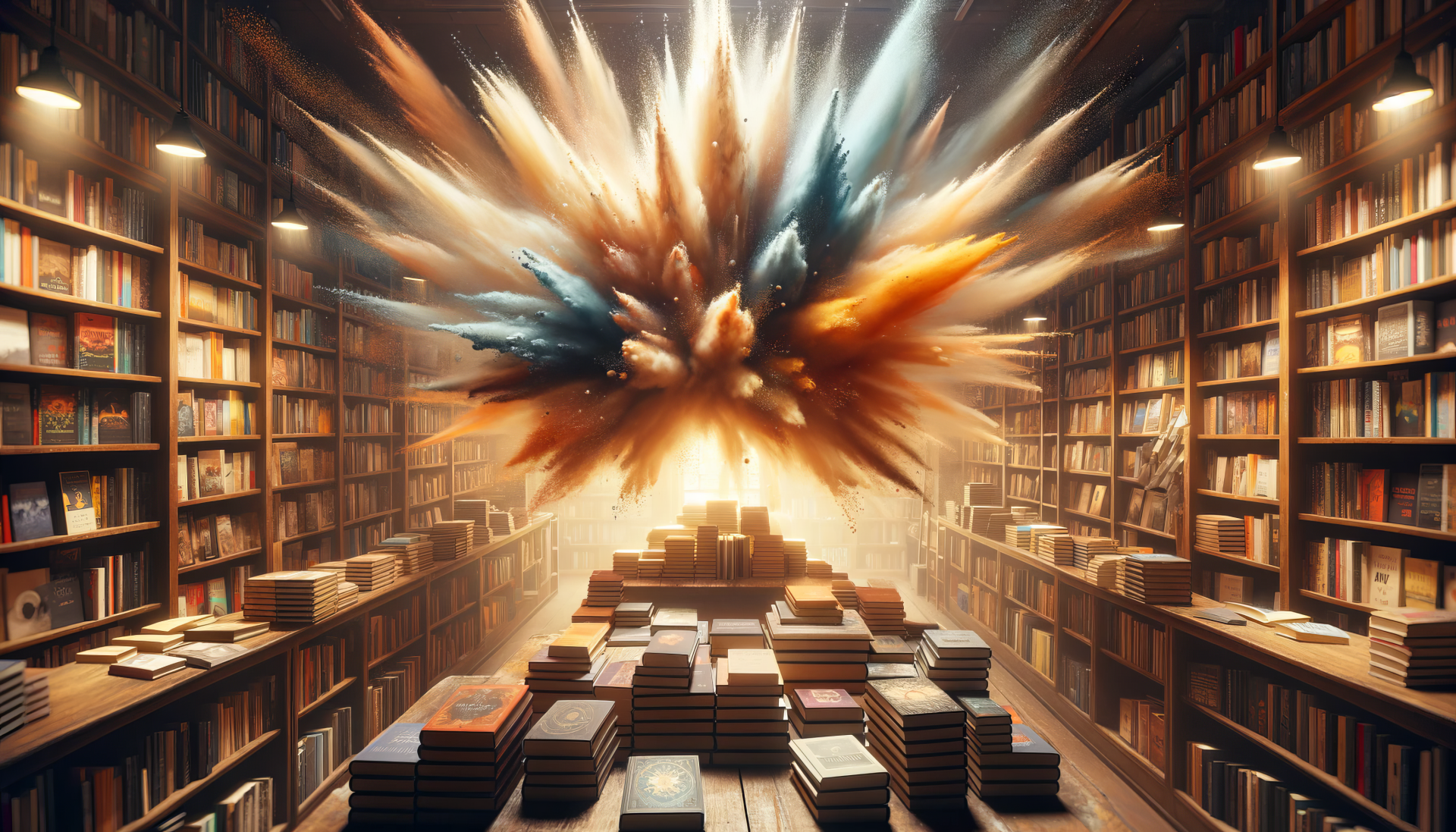 HD desktop wallpaper featuring an imaginative explosion of light at the end of a bookstore aisle lined with books.