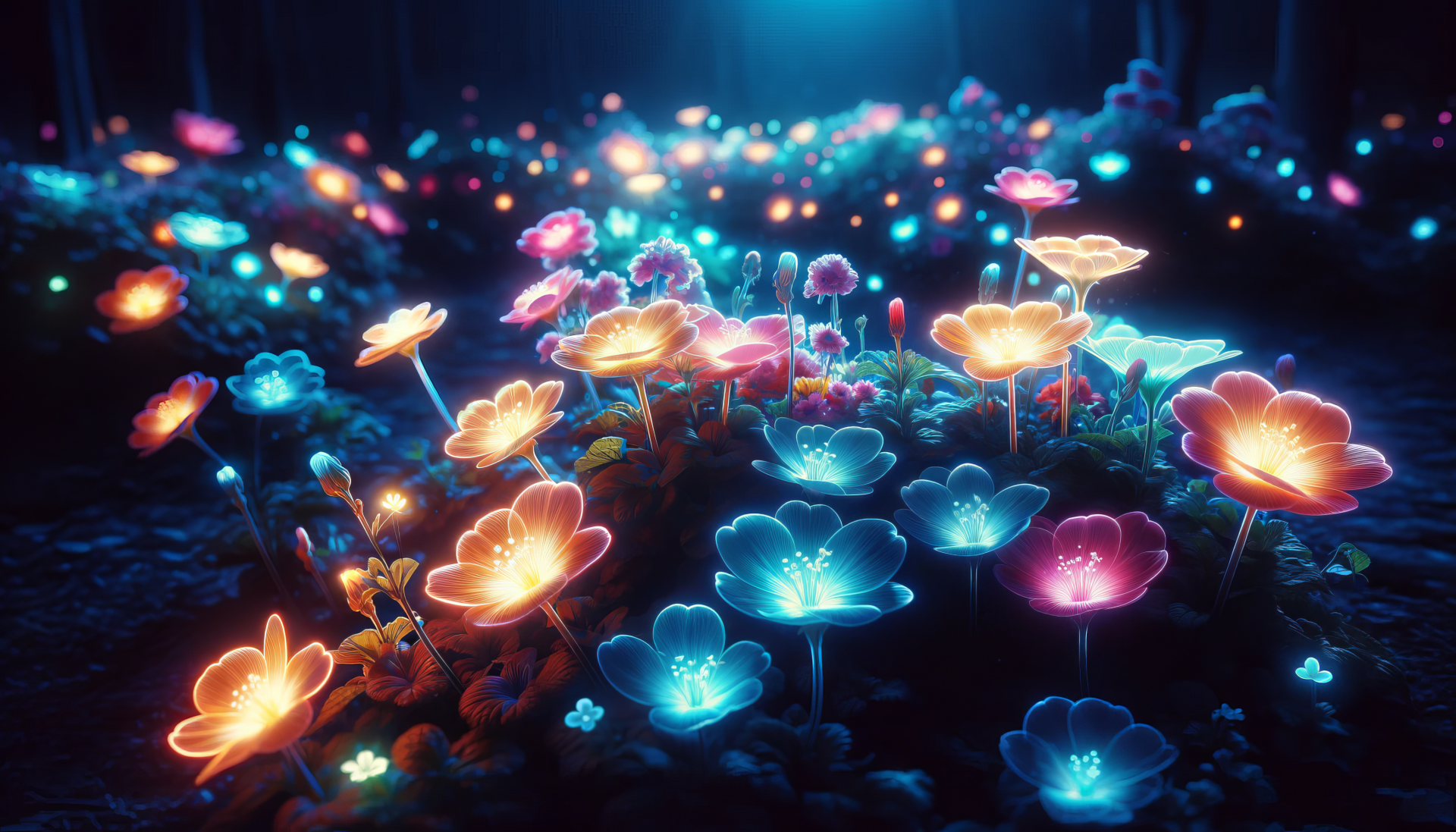 HD wallpaper of a vibrant flower garden with glowing flowers in shades of blue, pink, and orange creating a magical flower bed background.