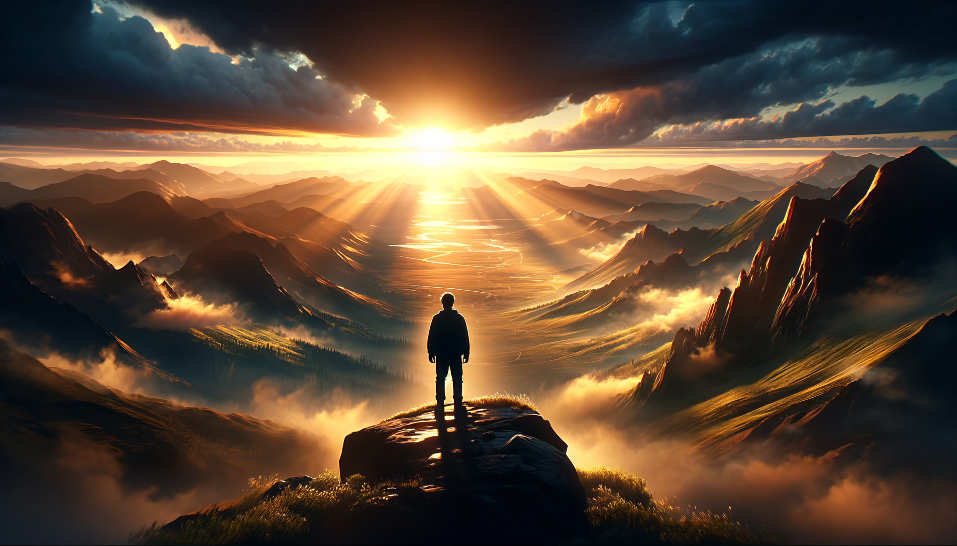 Inspirational HD wallpaper featuring a silhouette of a person standing on a mountain peak with a dramatic sunrise and rays of light piercing through the clouds over a rugged landscape.
