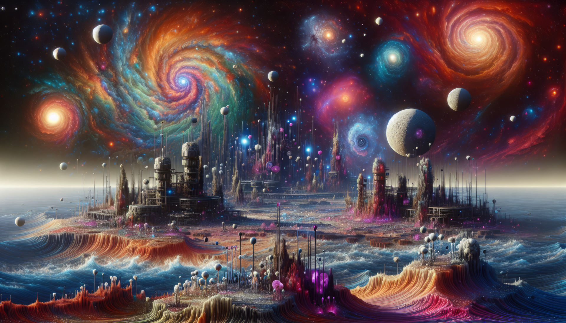HD wallpaper featuring a colorful sci-fi landscape with futuristic cities and swirling galaxies.