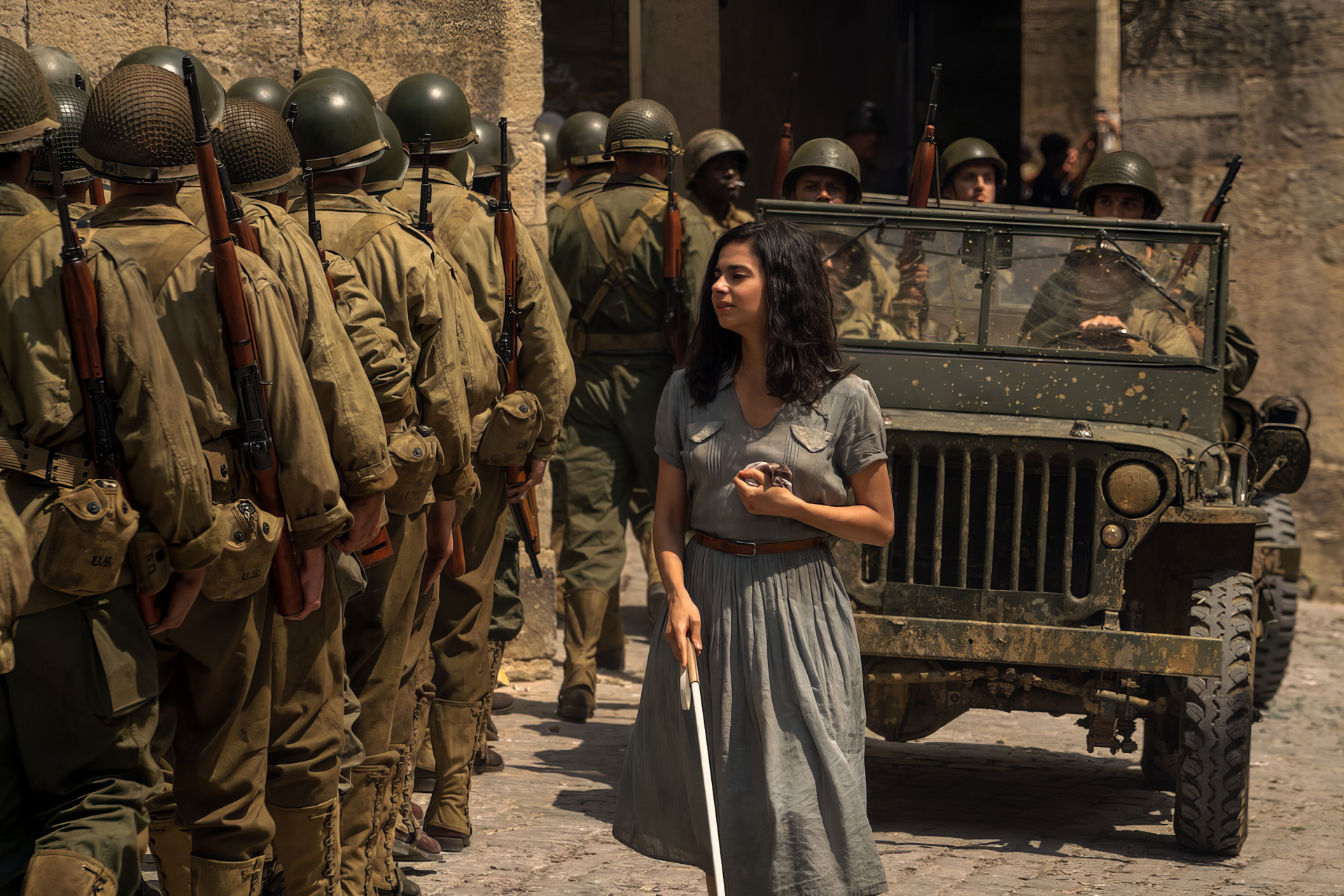 HD wallpaper featuring a scene from the TV show All the Light We Cannot See with a young woman holding a white cane in the foreground, and soldiers with a military jeep in the background.