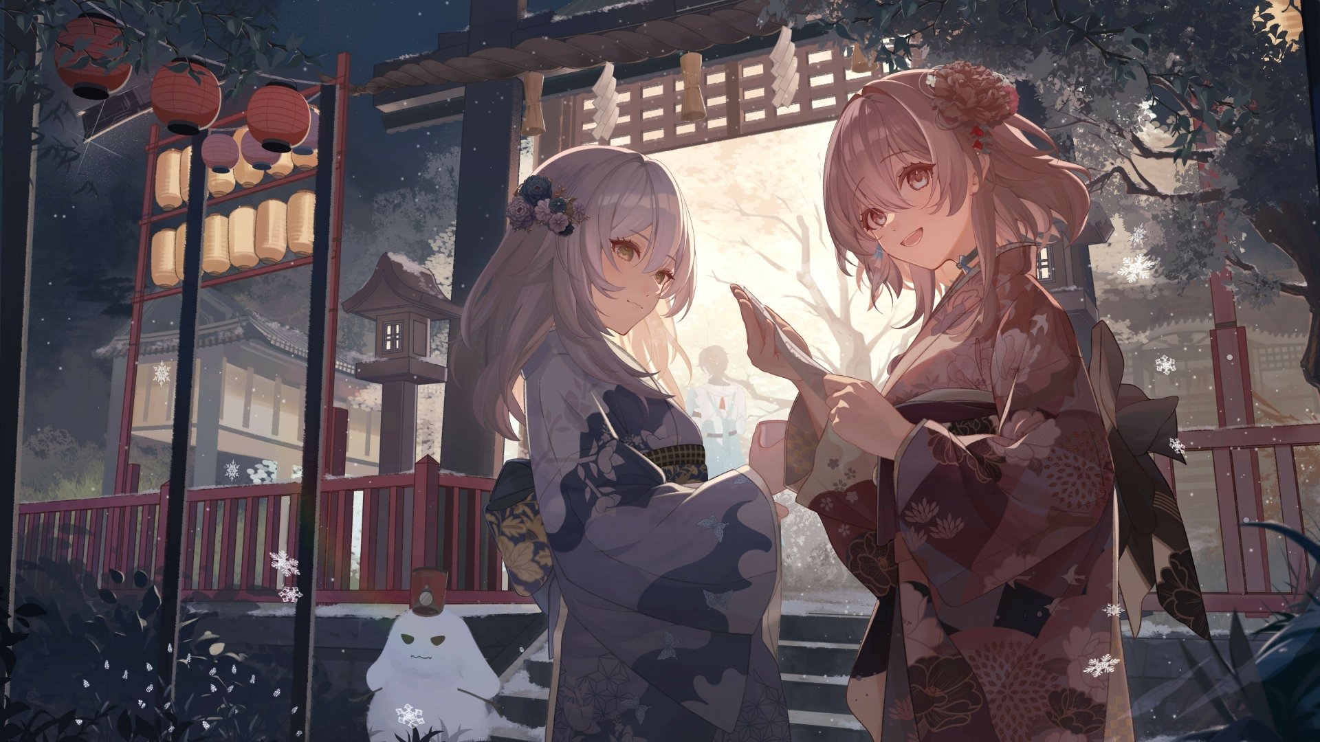 4K Ultra HD wallpaper featuring Honkai: Star Rail characters Stelle and March 7th in traditional attire, set against a serene shrine background.