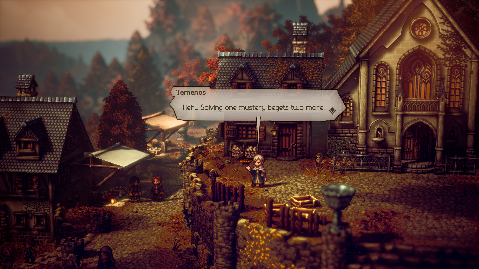 HD desktop wallpaper featuring a scenic view from Octopath Traveler II video game with a character and dialogue box.
