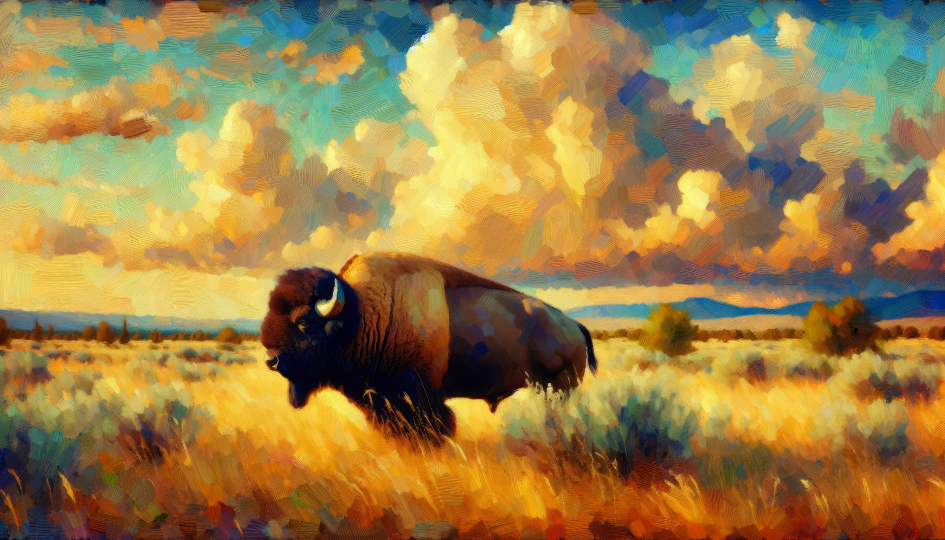 A majestic buffalo stands in a vibrant, golden landscape under a dramatic sky, creating a striking HD desktop wallpaper that captures the essence of nature.
