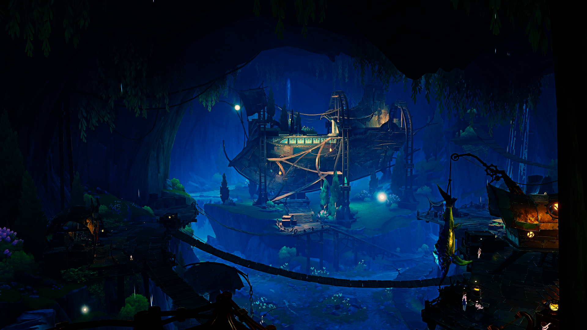 4K Ultra HD Genshin Impact PC desktop wallpaper depicting a mystical, glowing ship docked inside a dark, cavernous underground harbor.