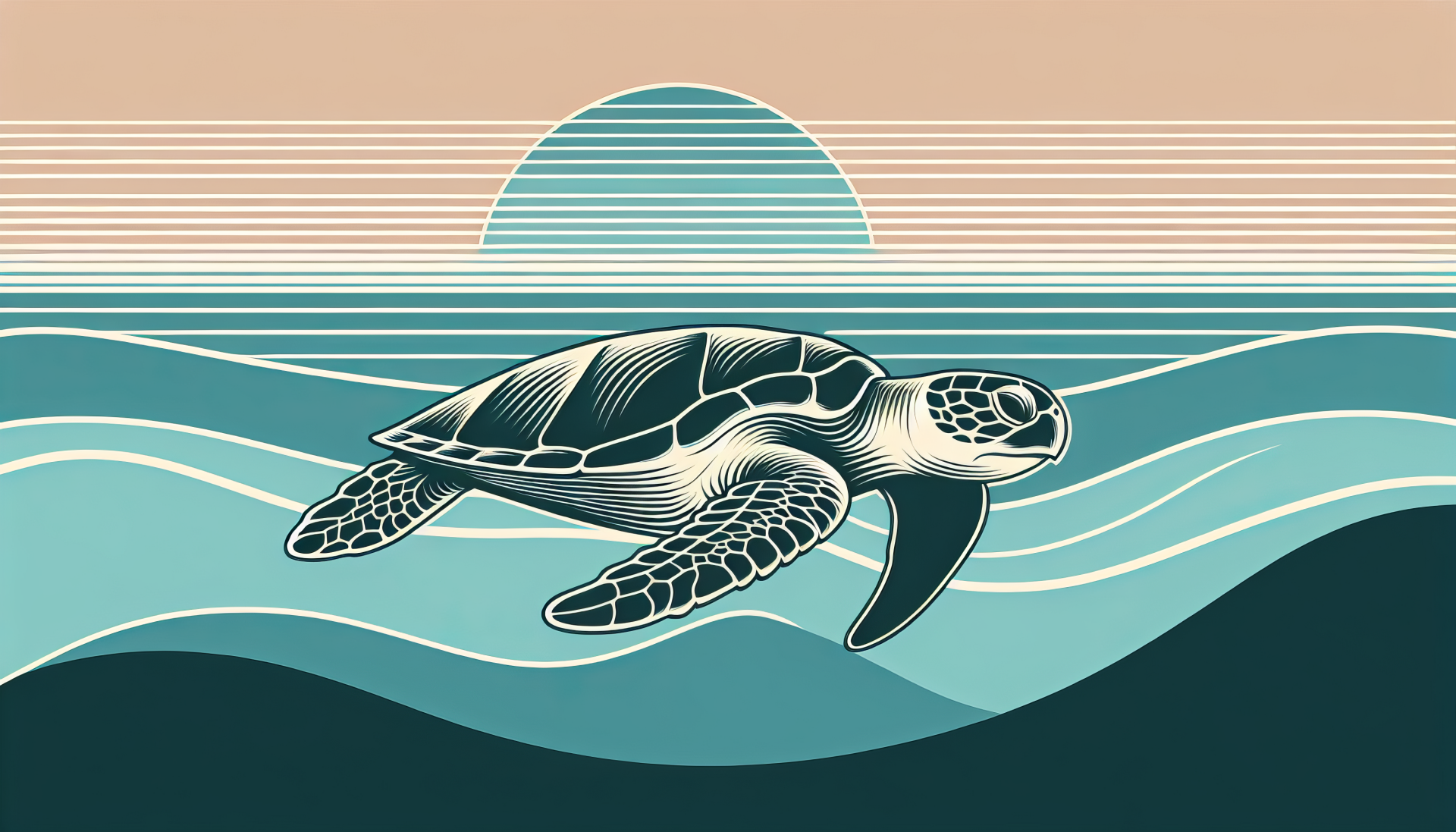 A beautifully illustrated sea turtle glides through stylized waves, set against a soft sunset backdrop, making an eye-catching HD desktop wallpaper and background.