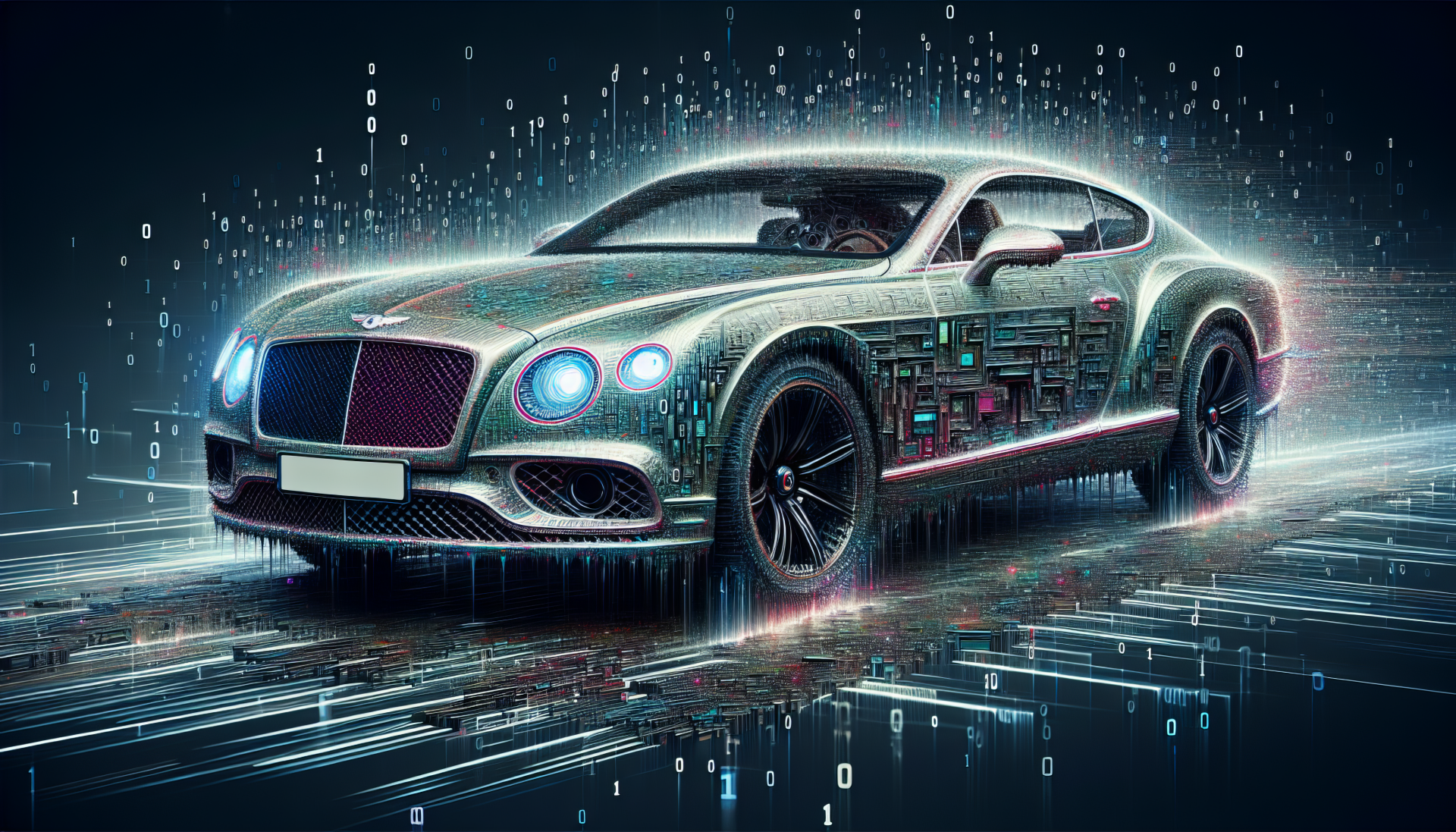 A futuristic Bentley car designed with digital circuitry elements, set against a dynamic, tech-inspired background. This HD wallpaper captures the essence of luxury and innovation.