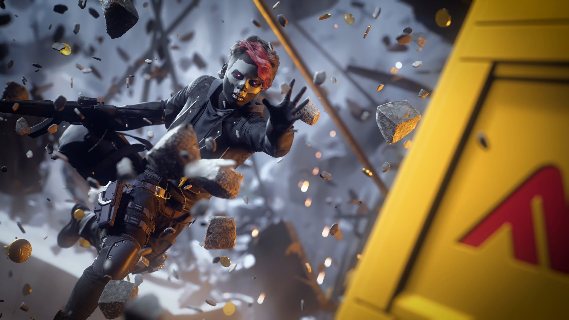 HD wallpaper featuring an action-packed moment from the video game The Finals, with a dynamic character in mid-air amid exploding debris.