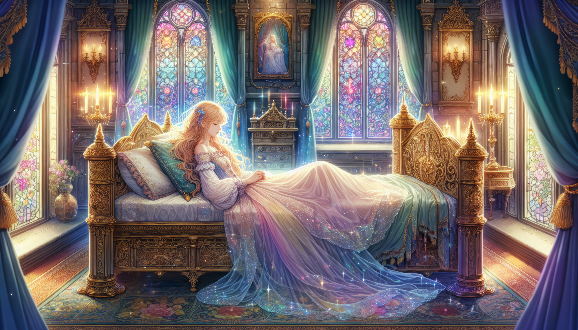 High-definition desktop wallpaper featuring an artist's depiction of Sleeping Beauty in a resplendent gown, reclining on a grand bed within a gothic-style chamber with stained glass windows.