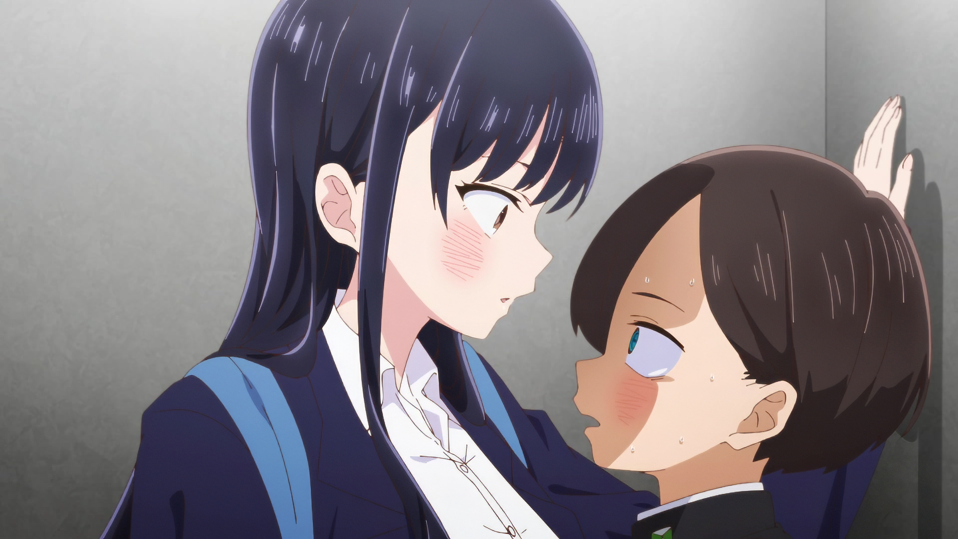 A captivating HD wallpaper from The Dangers in My Heart, featuring Anna Yamada and Ichikawa Kyoutarou in an intense moment, showcasing their expressive characters and emotions.