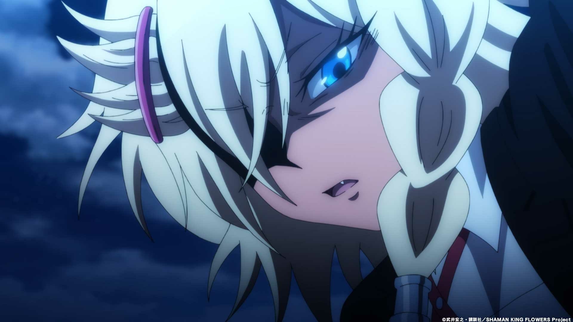 HD Shaman King Flowers anime wallpaper featuring a close-up of a white-haired character under a moonlit sky.