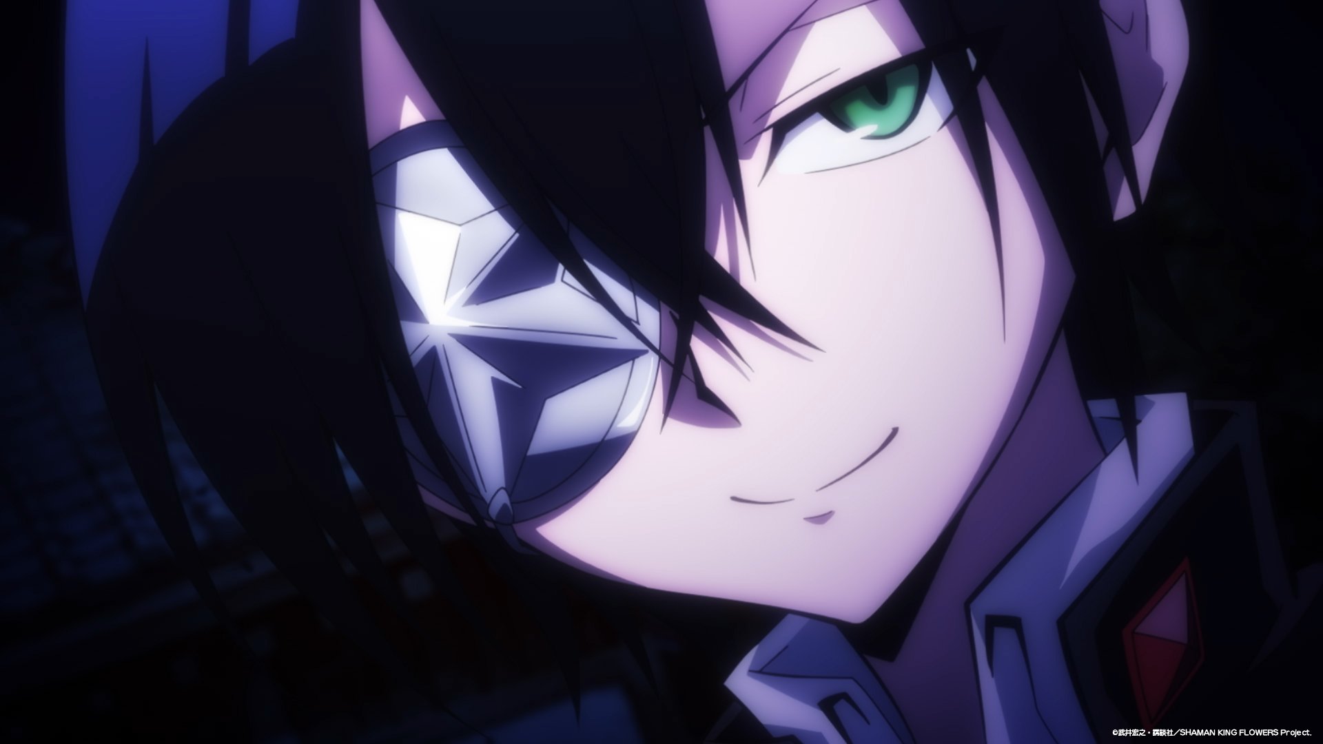 A captivating HD desktop wallpaper featuring a character from Shaman King Flowers, characterized by striking green eyes and a playful smile, set against a dark, dramatic background.