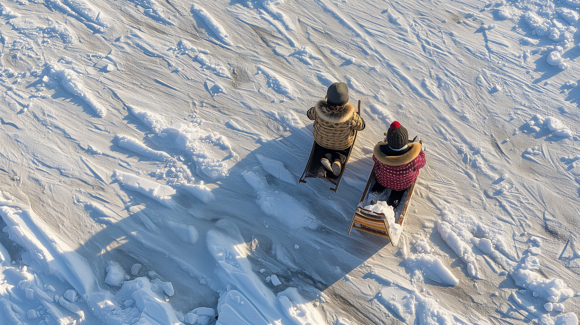 Two people enjoy sledding down a snowy hill, captured in a high-definition desktop wallpaper with clear sled tracks and winter atmosphere.