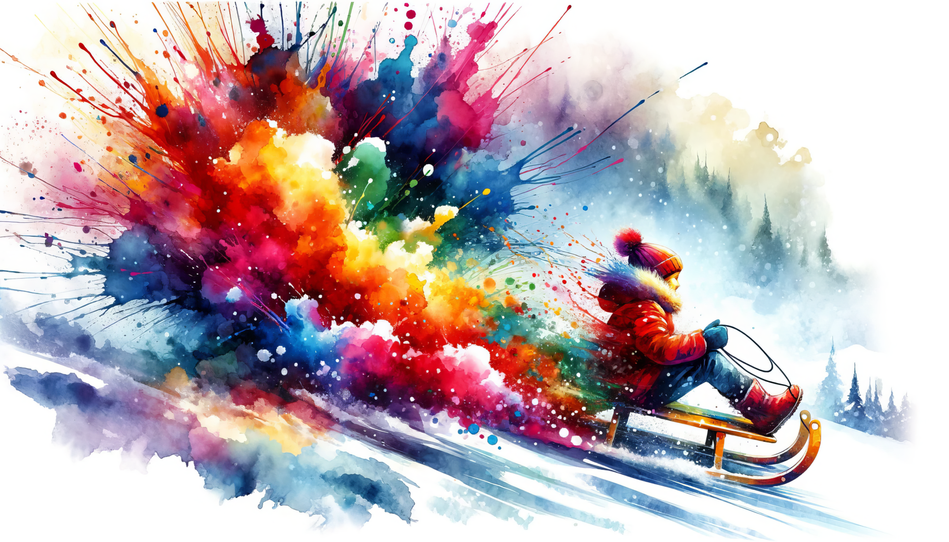 Vibrant HD wallpaper featuring an artistic rendering of a colorful sled ride with dynamic paint splashes against a snowy backdrop.