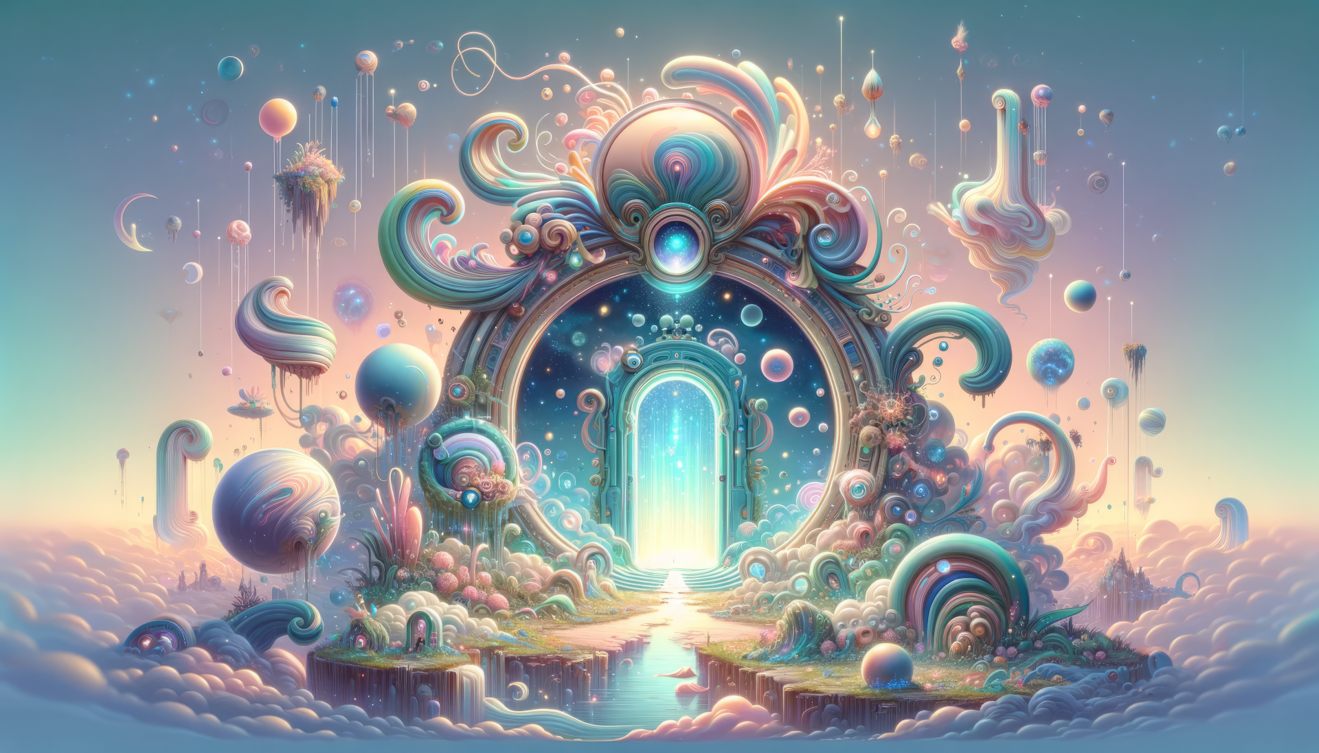 HD desktop wallpaper featuring a vibrant fantasy portal with ethereal floating orbs and whimsical structures set in a dreamlike landscape.