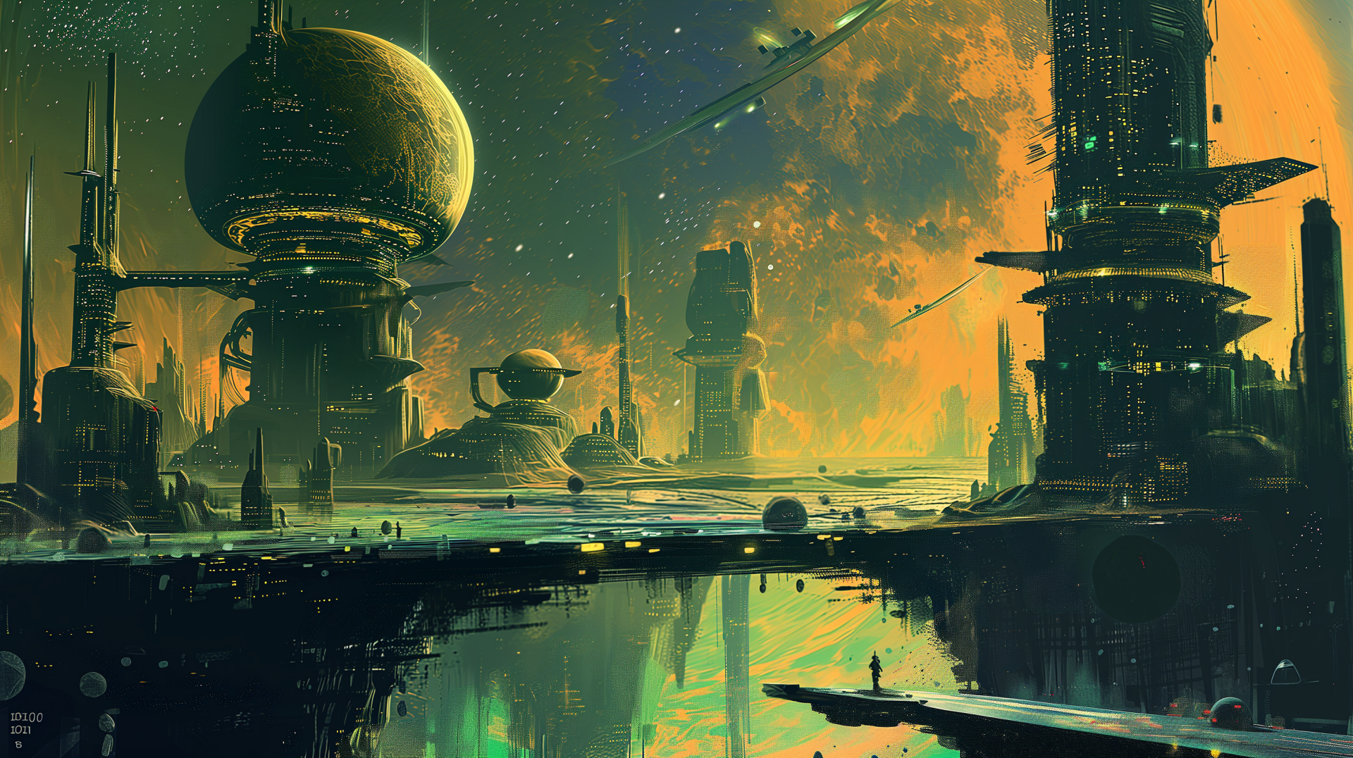 Futuristic sci-fi cityscape HD desktop wallpaper featuring towering skyscrapers, spherical structures, and ambient lighting reflecting off water for a mesmerizing background.