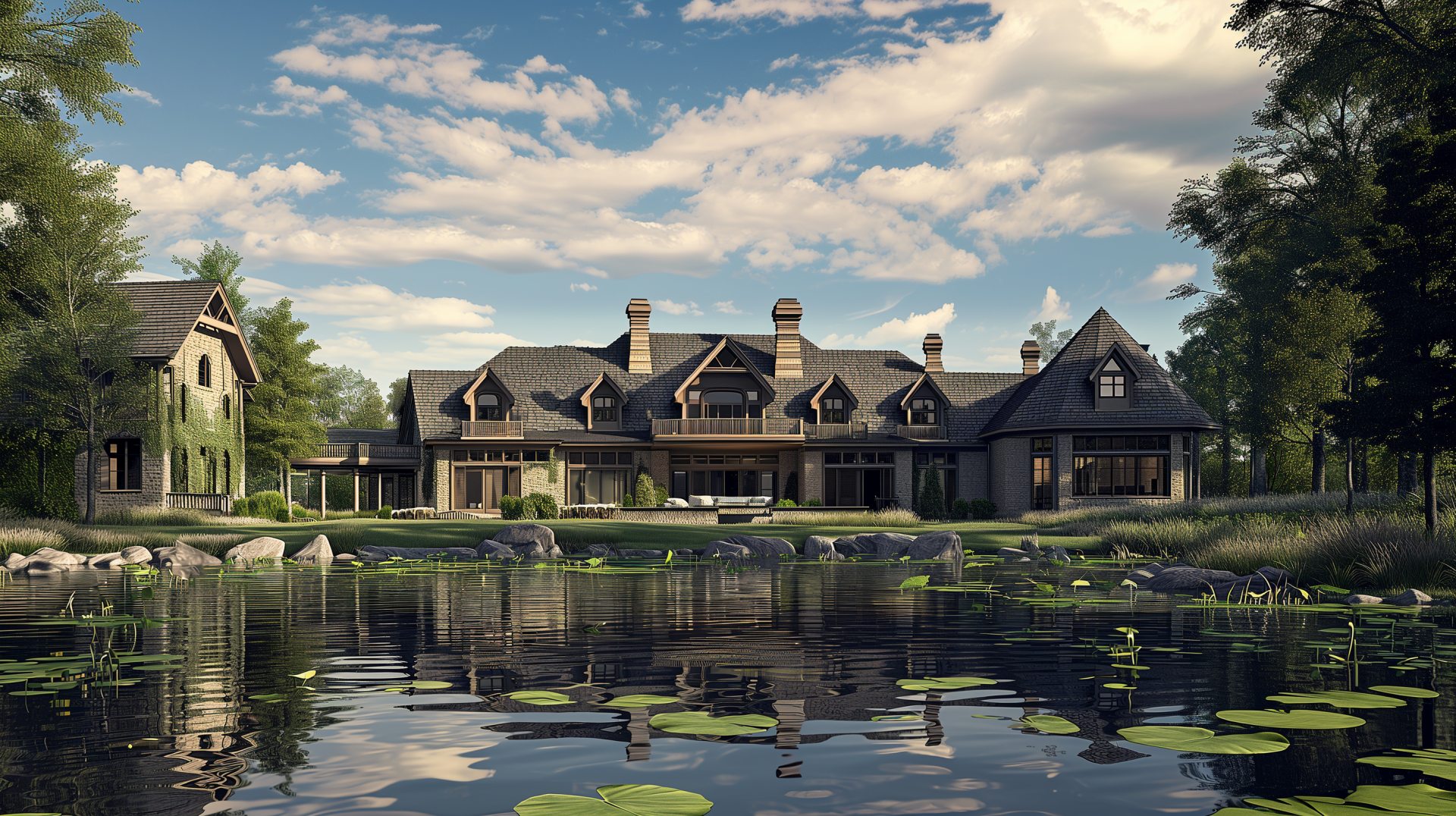 A stunning luxury home reflection in a serene pond, surrounded by lush greenery and a dramatic sky, creating an elegant HD desktop wallpaper backdrop.