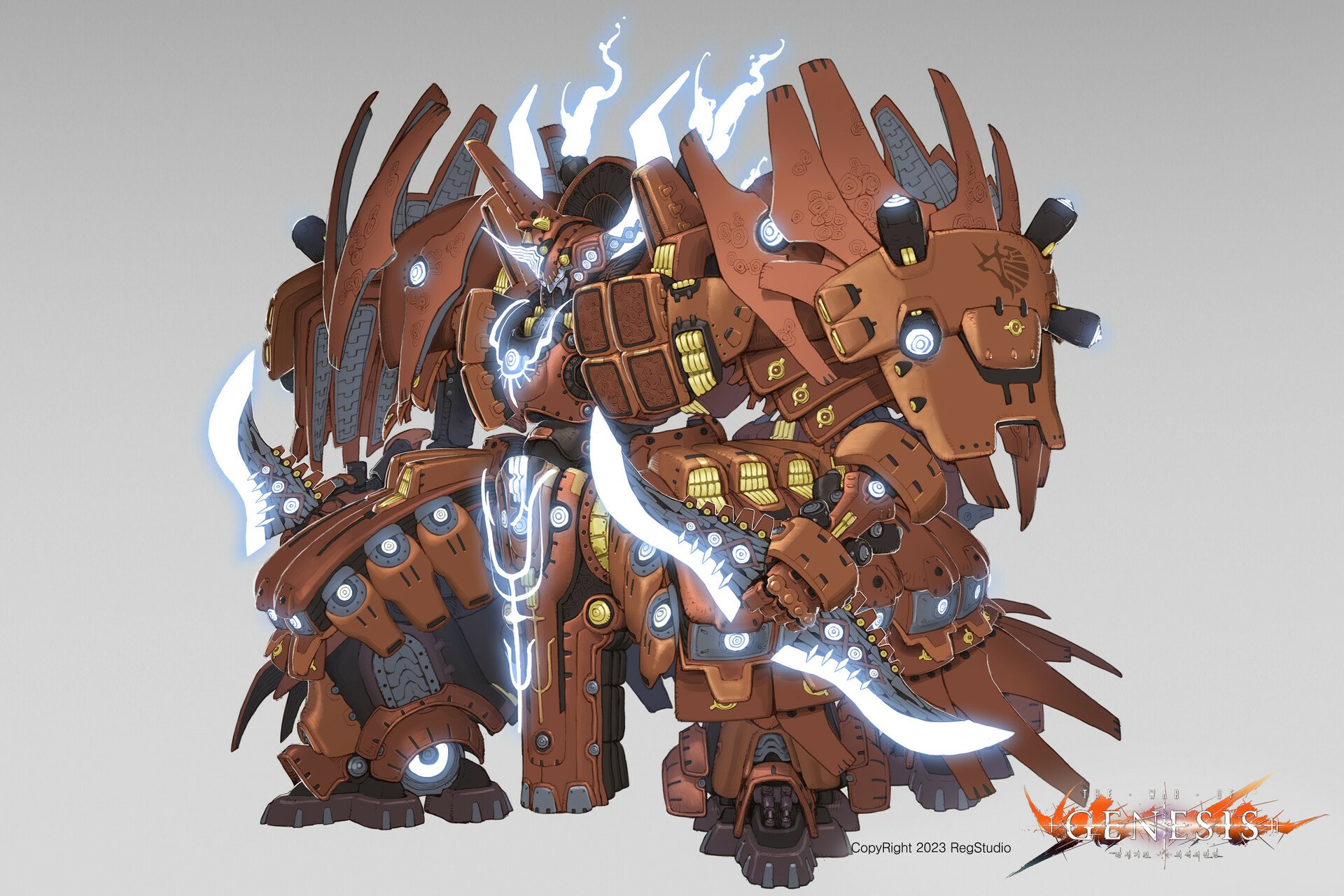 HD desktop wallpaper featuring a mech from The War Of Genesis video game, with electric effects.
