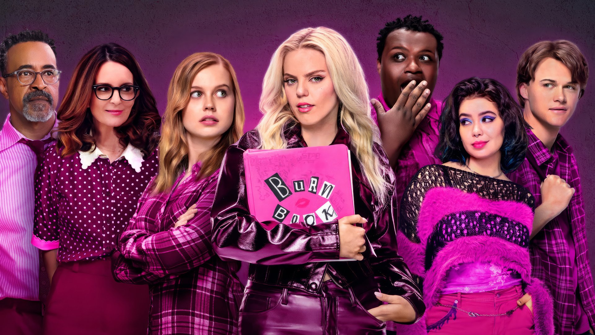 HD desktop wallpaper featuring the ensemble cast of the movie Mean Girls (2024), with characters dressed in thematic purple attire and the iconic 'Burn Book'.